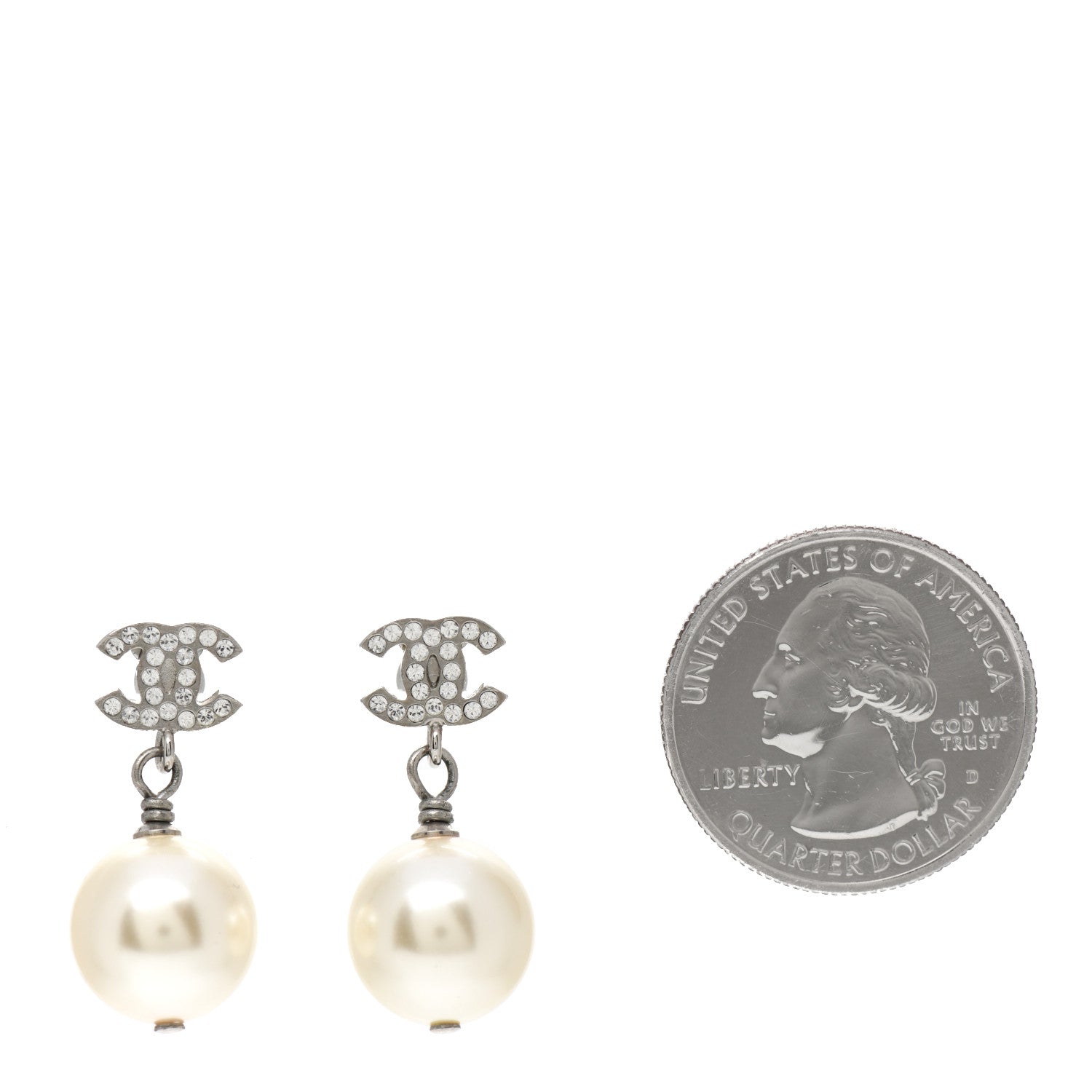 Chanel Crystal Pearl CC Drop Earrings Silver Pearly White 2 of 5