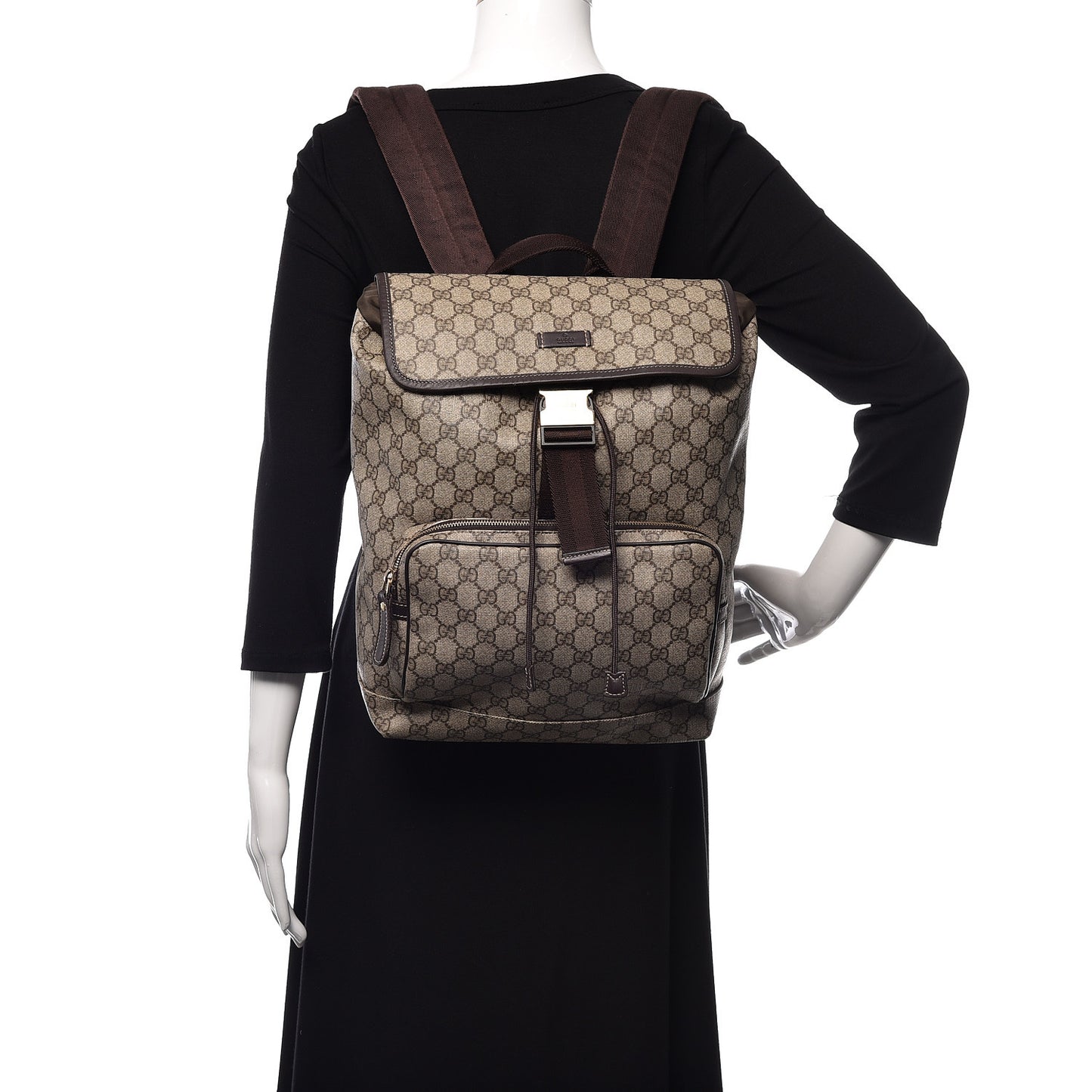 GG Supreme Monogram Medium Single Buckle Rucksack Backpack Beige Ebony Brown