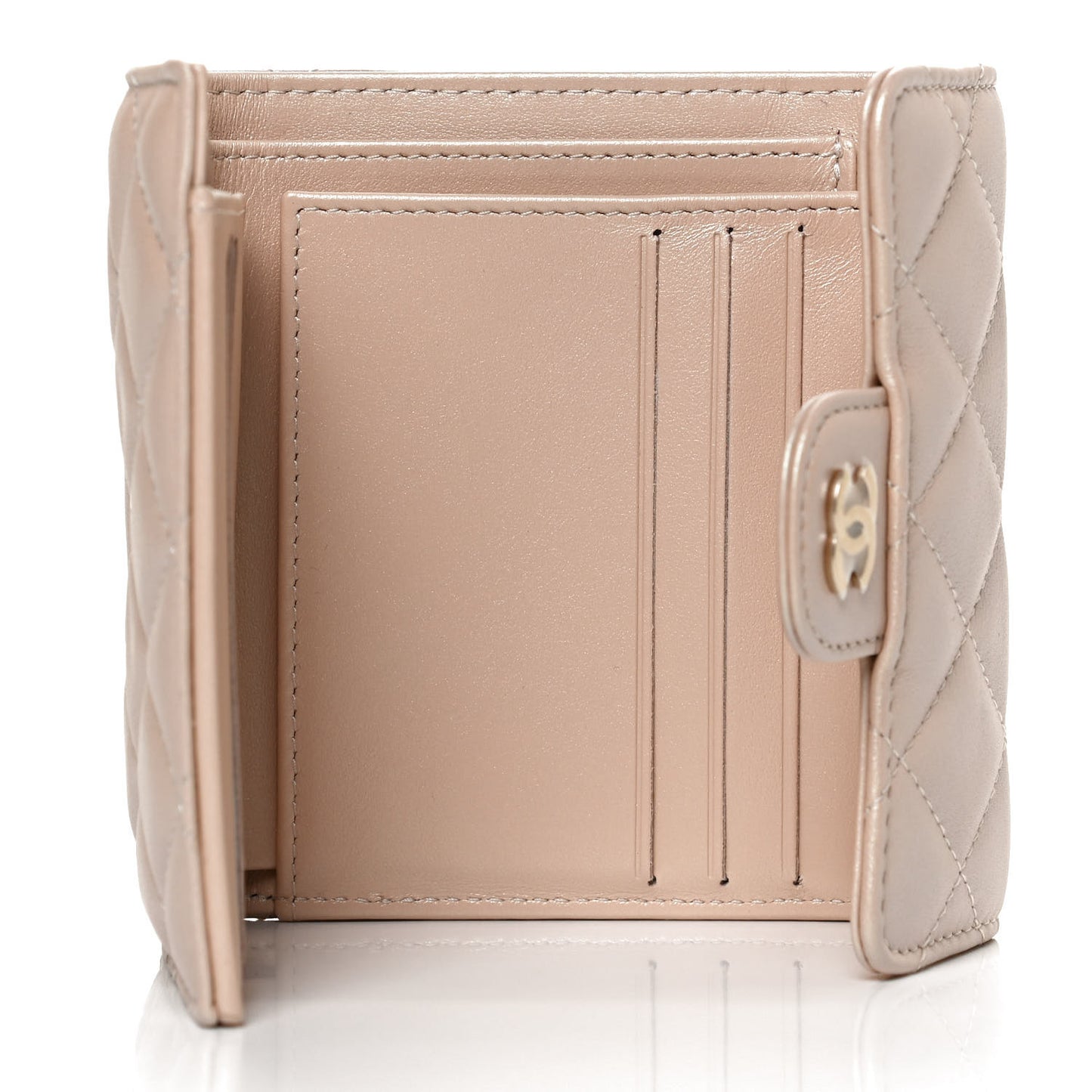 Iridescent Calfskin Quilted Compact Flap Wallet Beige