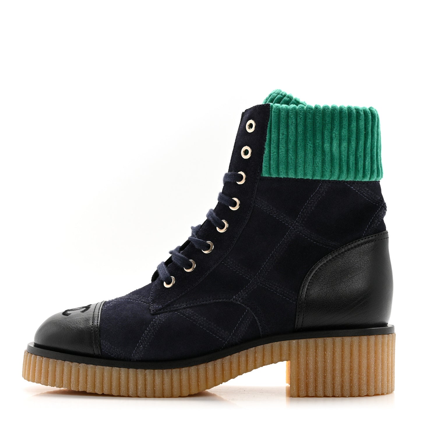 Suede Calfskin Velvet Quilted CC Combat Boots 38.5 Navy Green Black