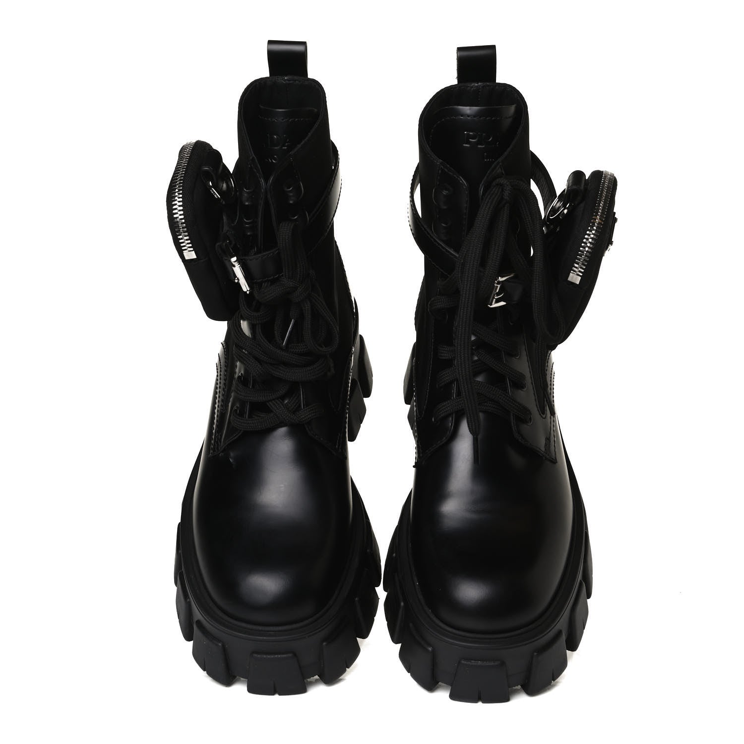 Prada Spazzolato Rois Nylon Metal Triangle Logo Monolith Pouch Pocket 55mm Boots 37.5 Black 5 of 15