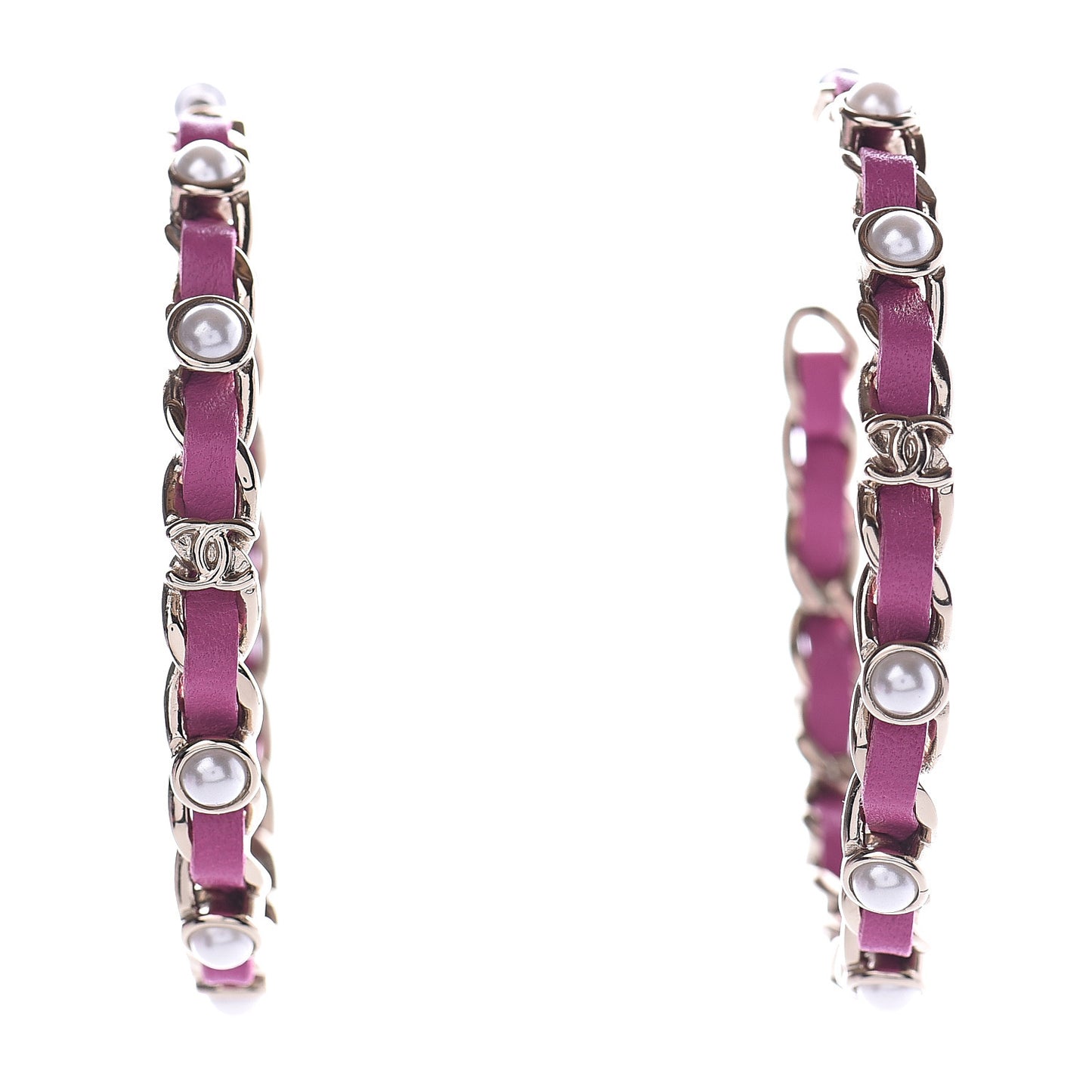 Lambskin Pearl CC Chain Hoop Earrings Gold Pink