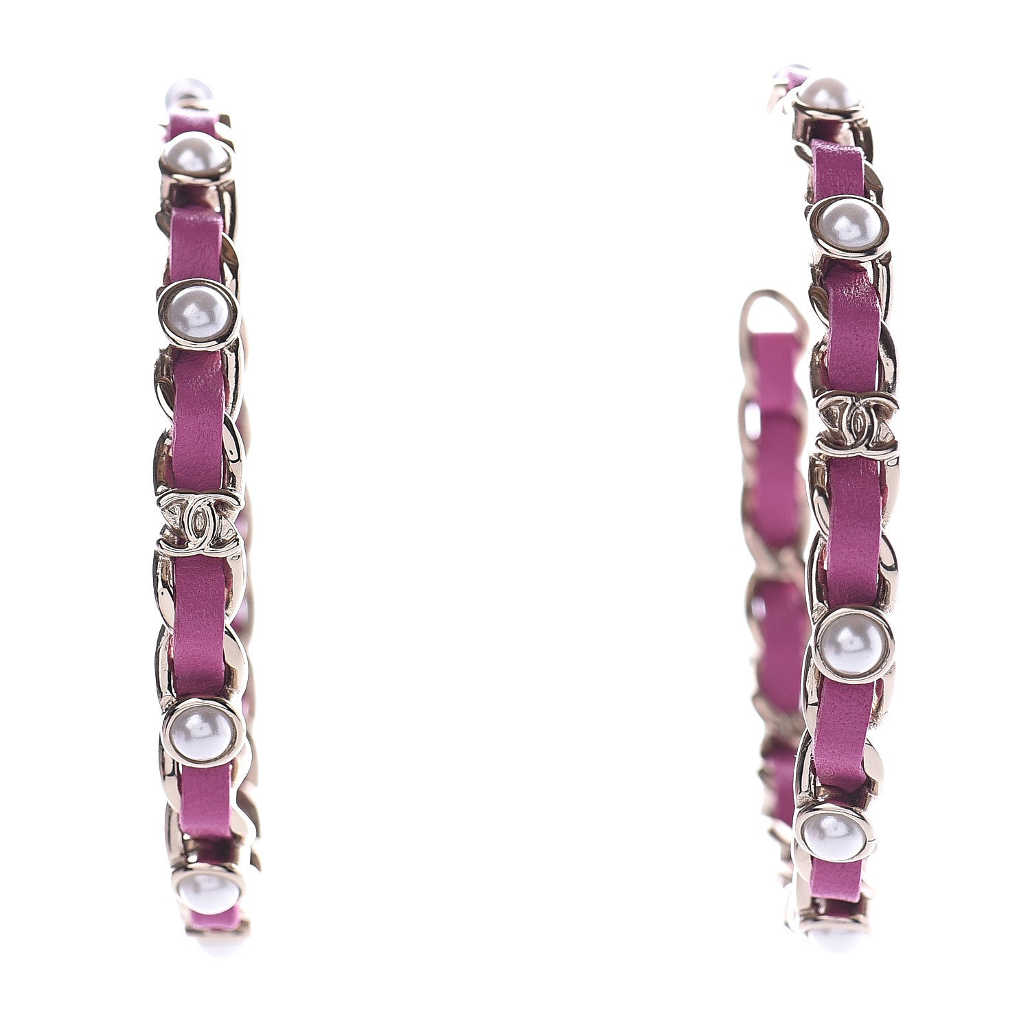 Chanel Lambskin Pearl CC Chain Hoop Earrings Gold Pink 1 of 4