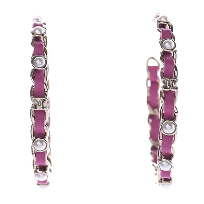 Chanel Lambskin Pearl CC Chain Hoop Earrings Gold Pink 1 of 4