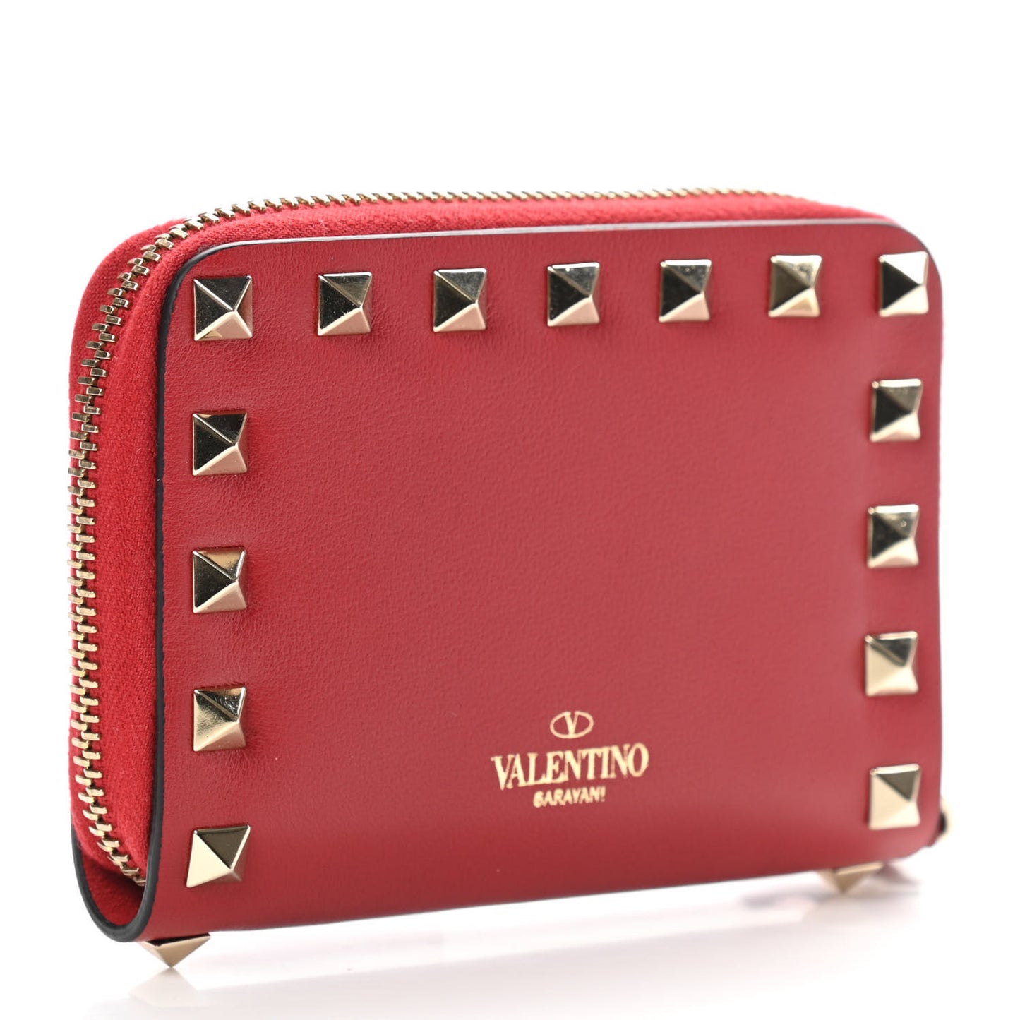 Calfskin Rockstud Zip Around Coin Case Card Holder Rosso Valentino