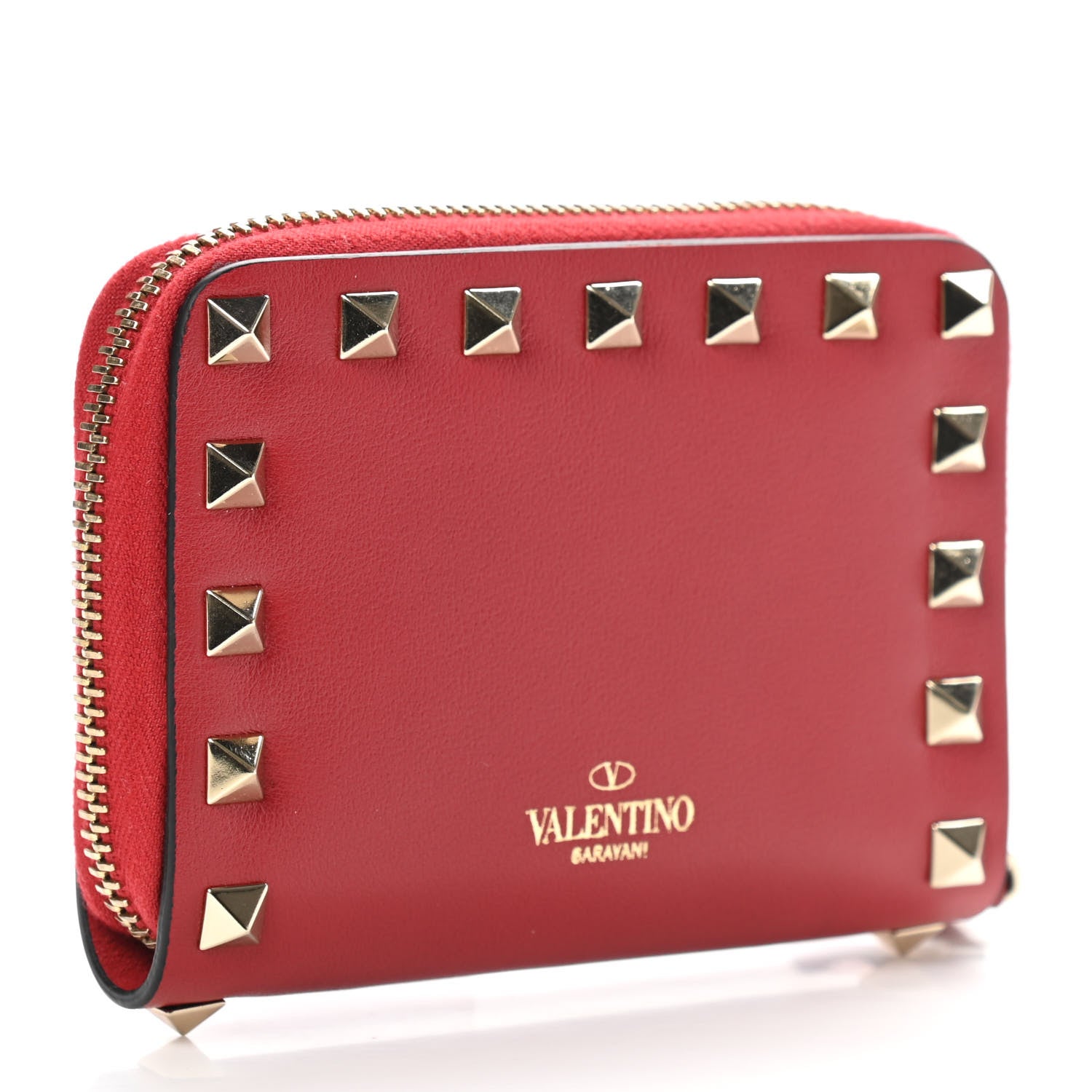 Valentino Garavani Calfskin Rockstud Zip Around Coin Case Card Holder Rosso Valentino 3 of 7
