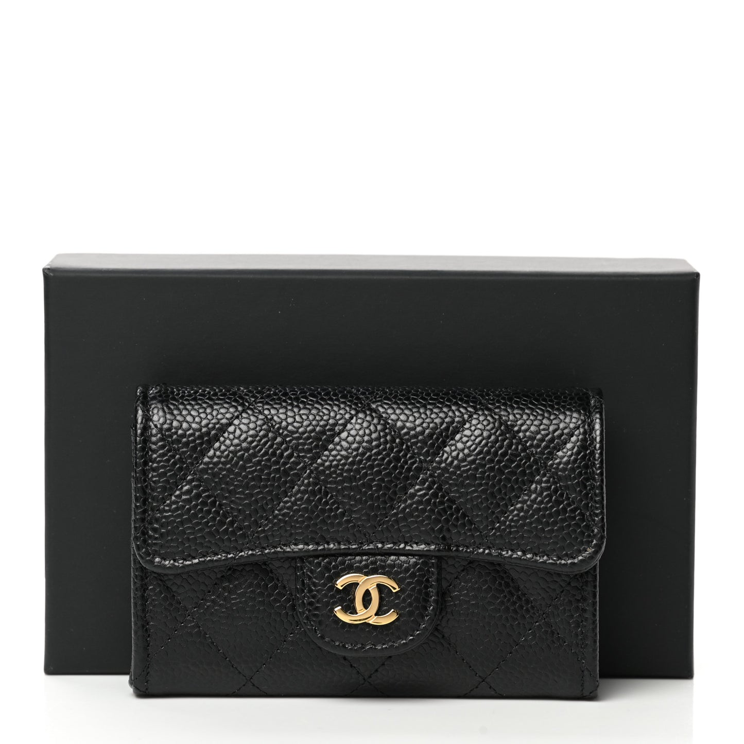 Caviar Quilted Flap Card Holder Wallet Black