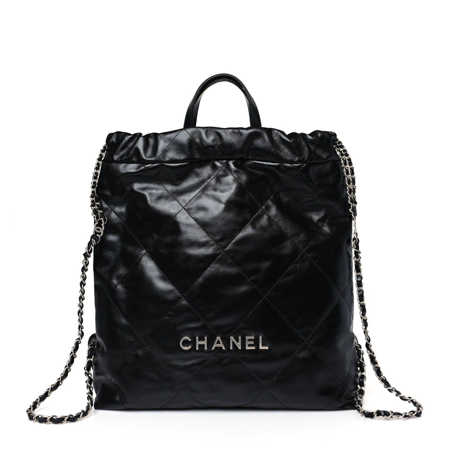 Shiny Calfskin Quilted Chanel 22 Backpack Black