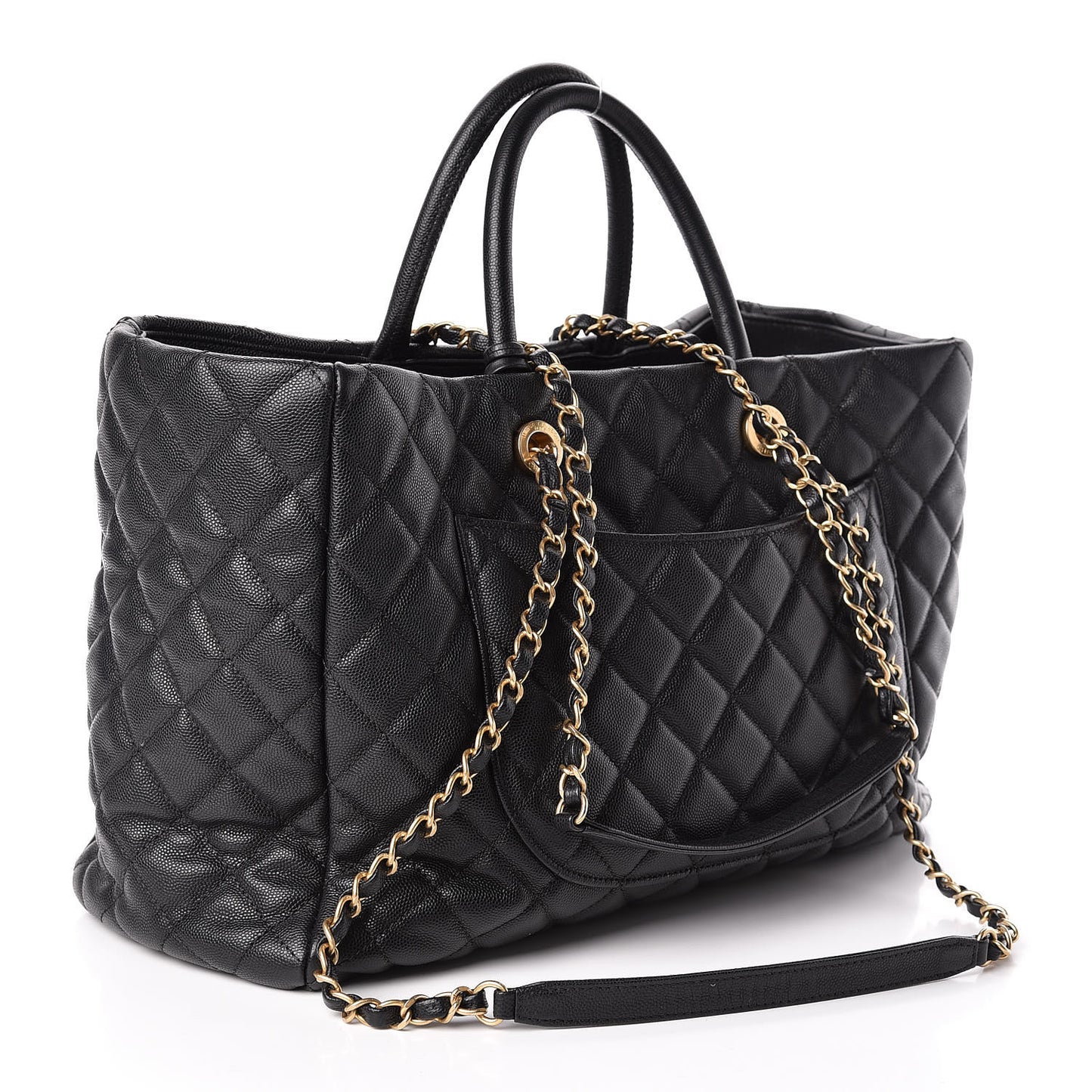 Caviar Quilted Large Coco Handle Shopping Tote Black