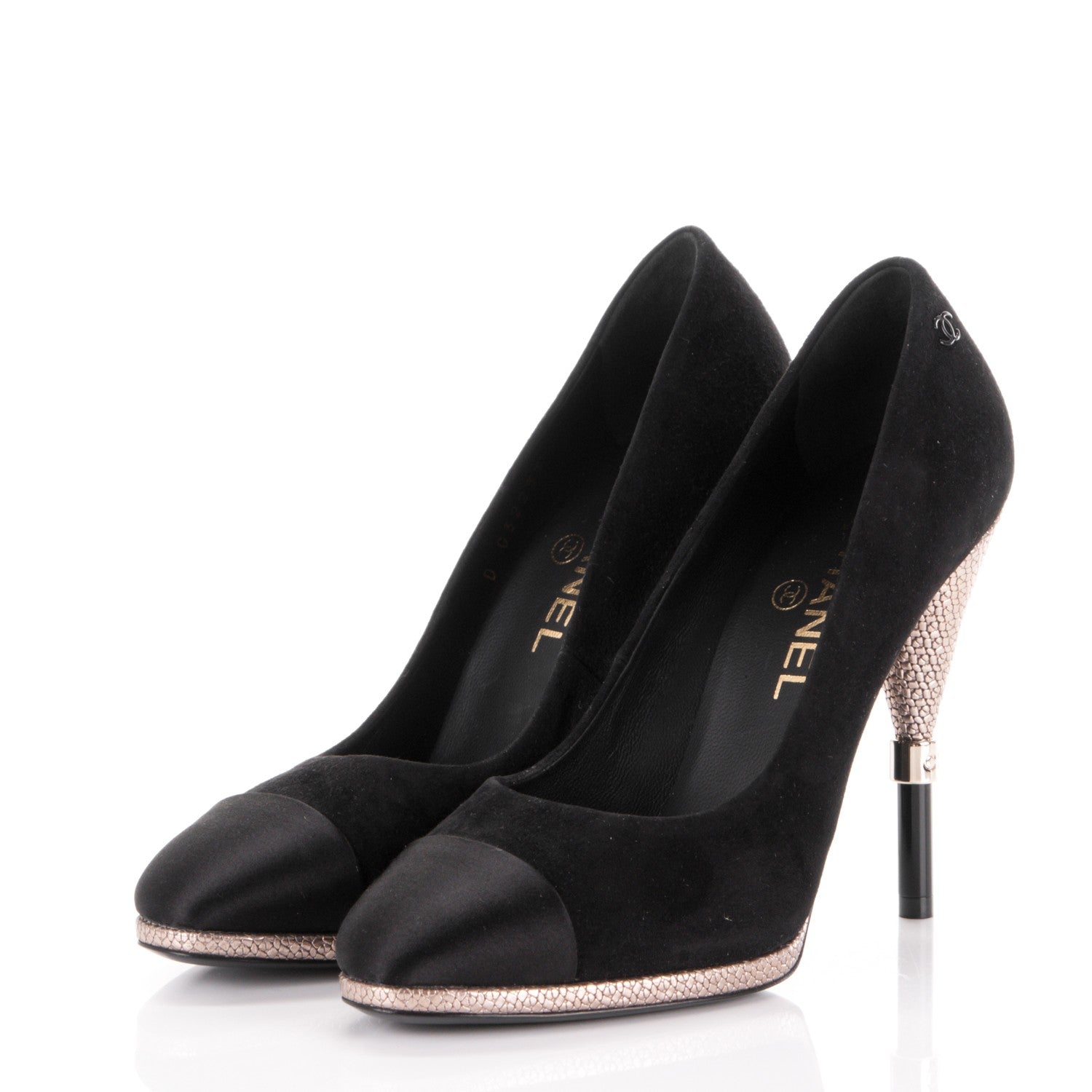 Chanel Suede Calfskin Satin Cap Toe CC Pumps 38 Black 3 of 8