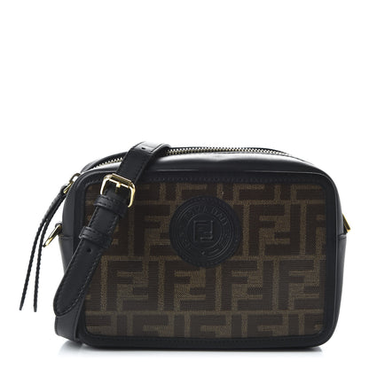 Fendi Glazed Fabric Vitello Century FF 1974 Stamp Patch Mini Camera Case Mogano Panna Black 1 of 10