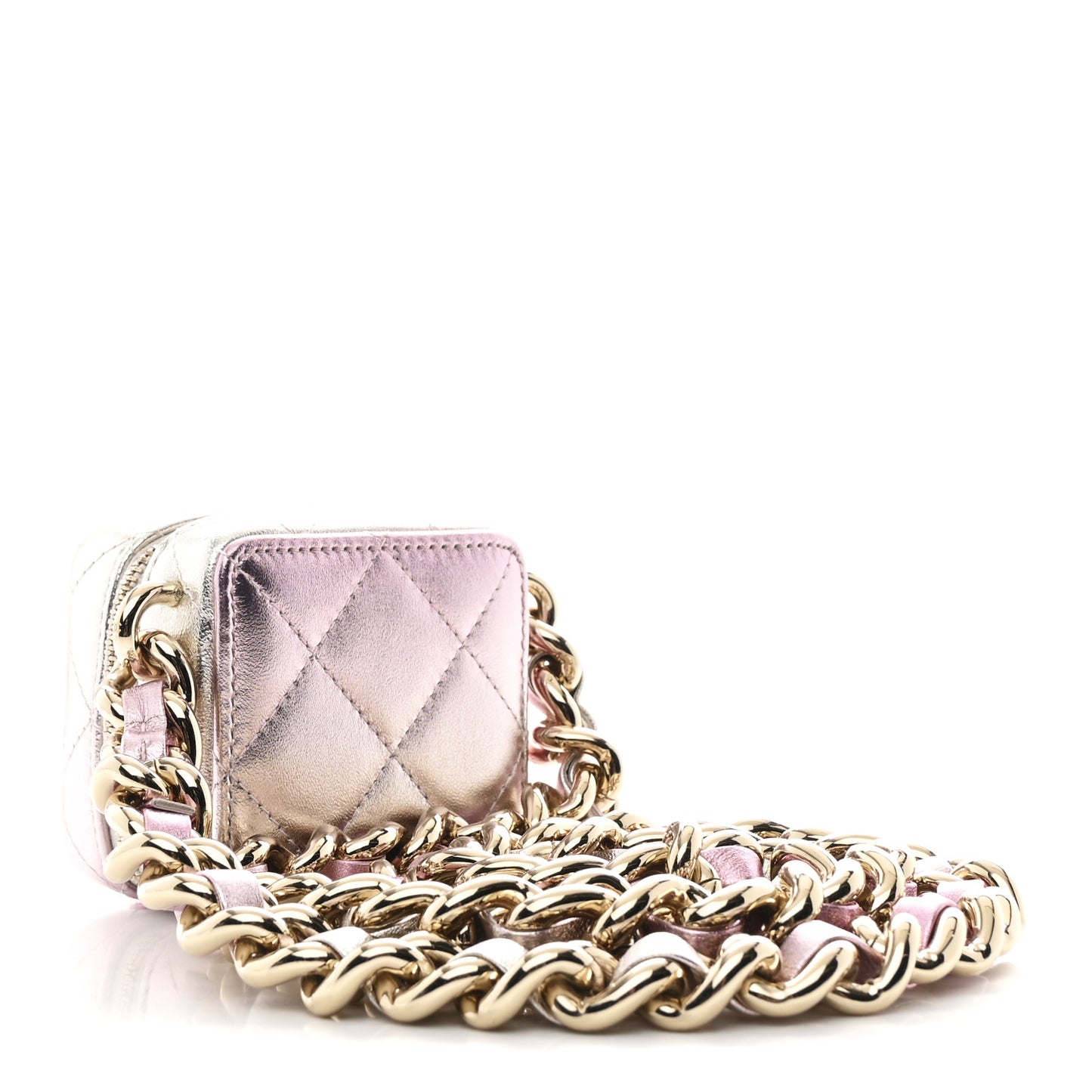 Gradient Metallic Lambskin Quilted Like A Wallet Clutch With Chain Gold Pink