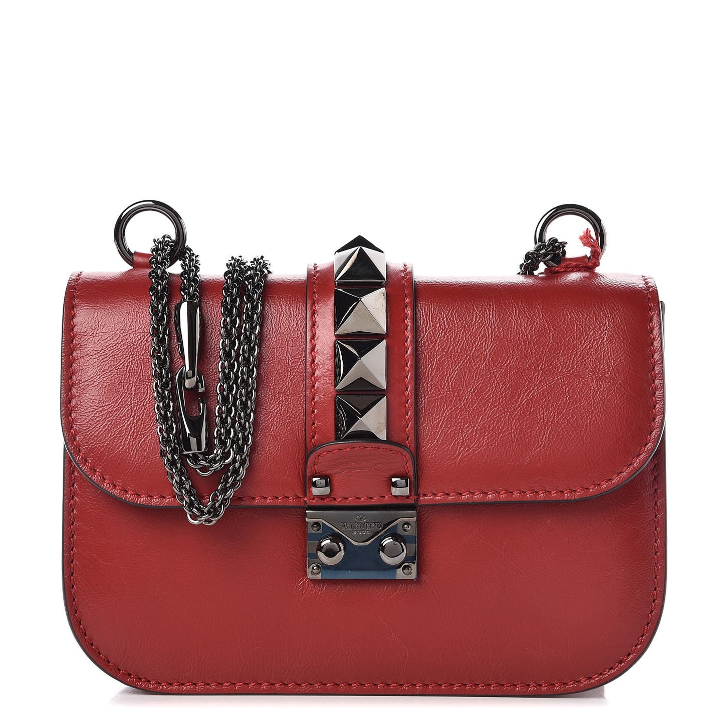 Craquele Calfskin Small Glam Lock Rockstud Flap Rubino
