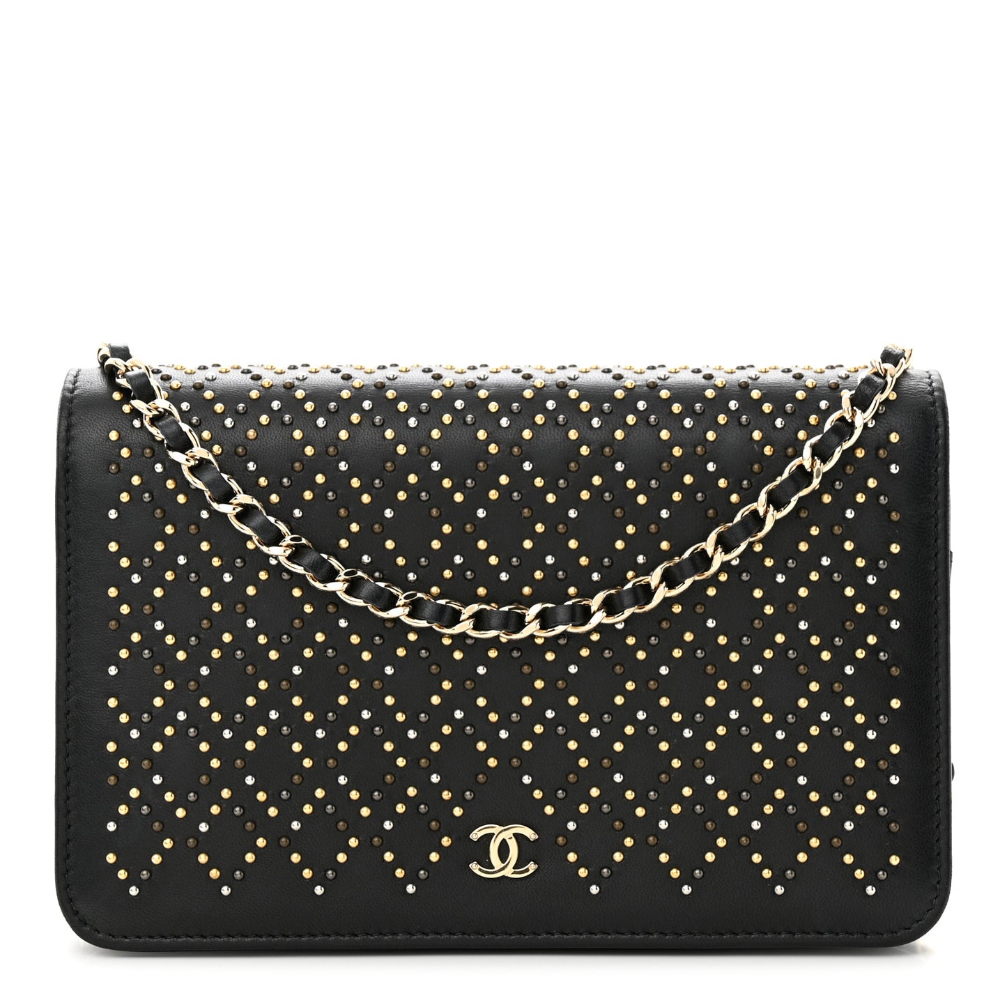 Lambskin Studded Wallet On Chain WOC Black