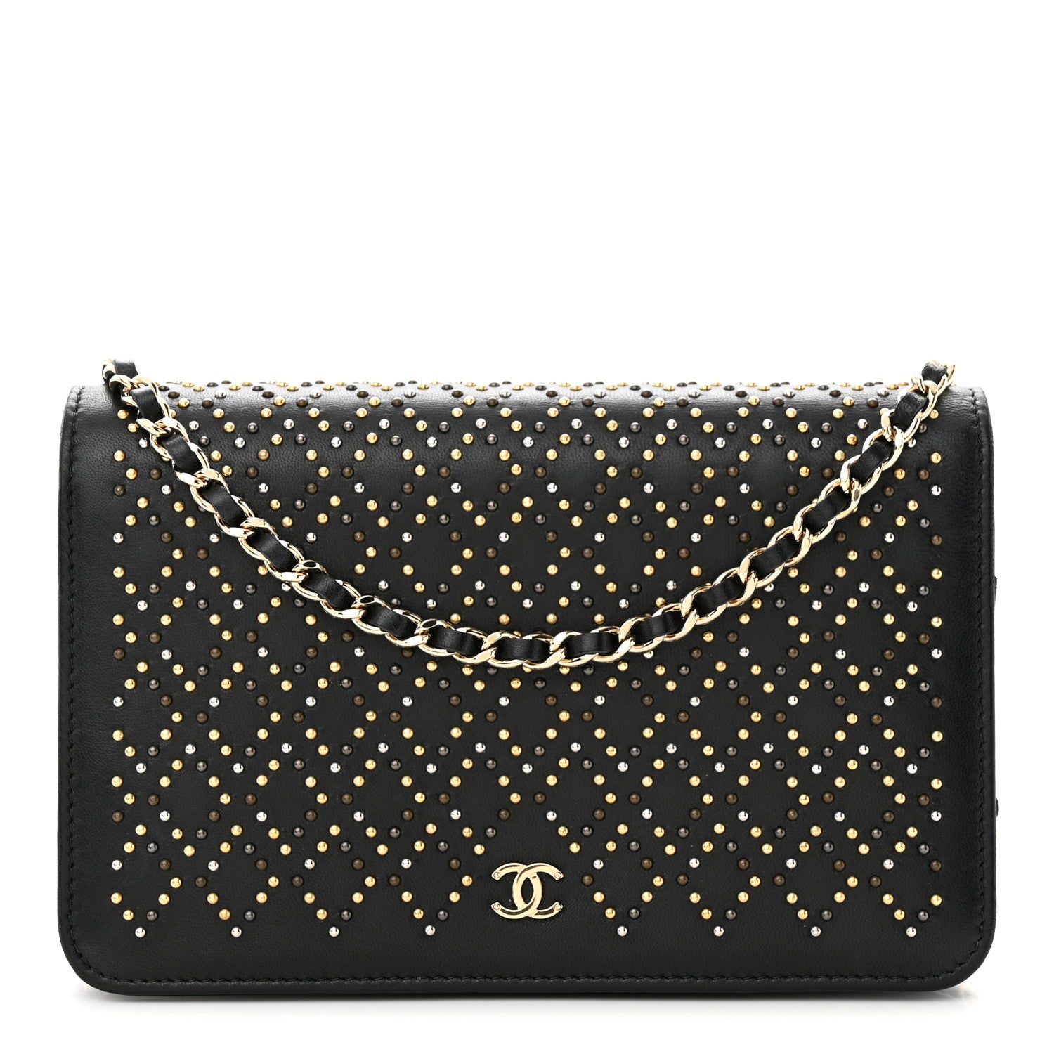 Chanel Lambskin Studded Wallet On Chain WOC Black 1 of 13