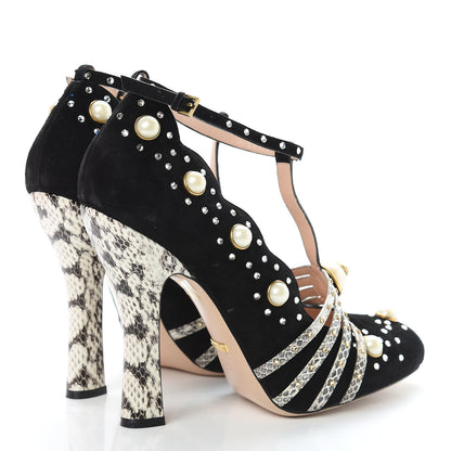 Gucci Suede Snakeskin Pearl Studded Ofelia Pumps 41.5 Black 4 of 12