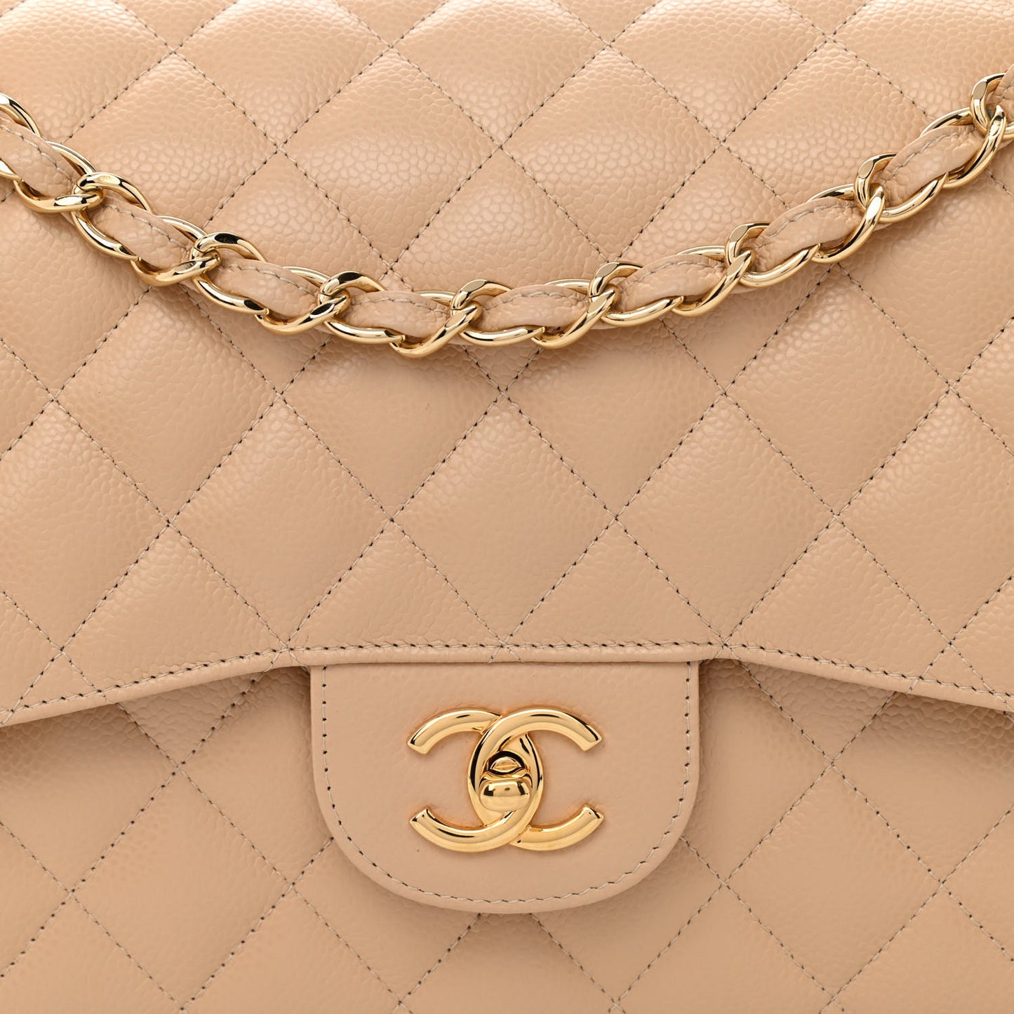 Caviar Quilted Jumbo Double Flap Beige
