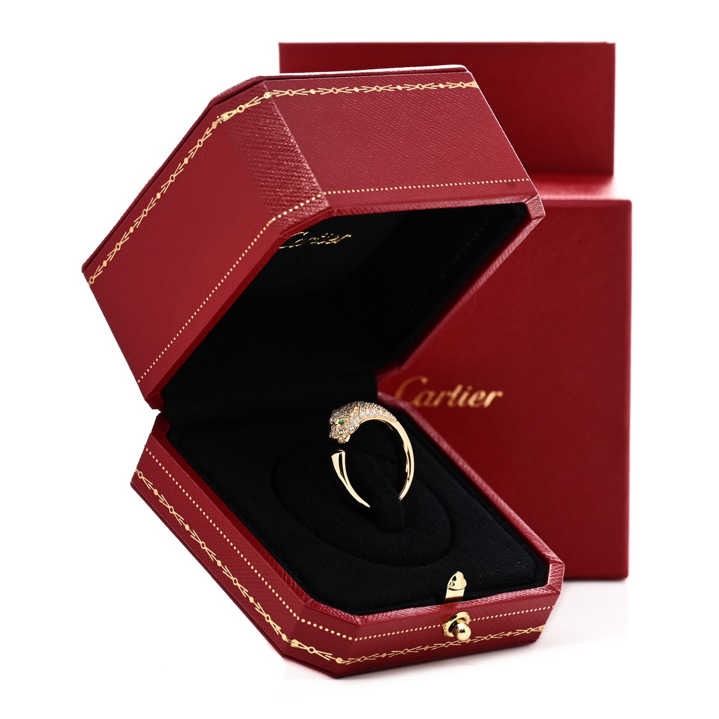 18K Yellow Gold Diamond Emerald Onyx Panthere De Cartier Ring 54 6.75