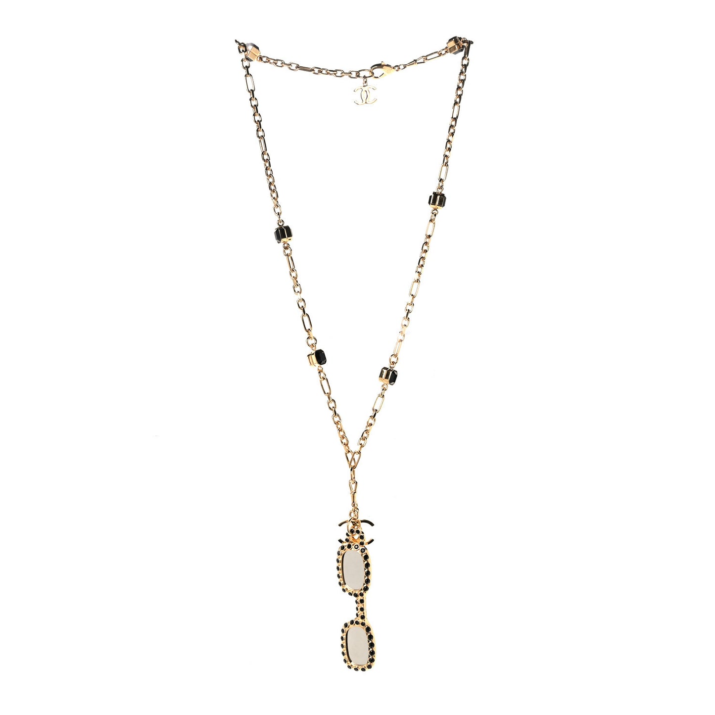Metal Crystal CC Sunglasses Long Necklace Gold Black