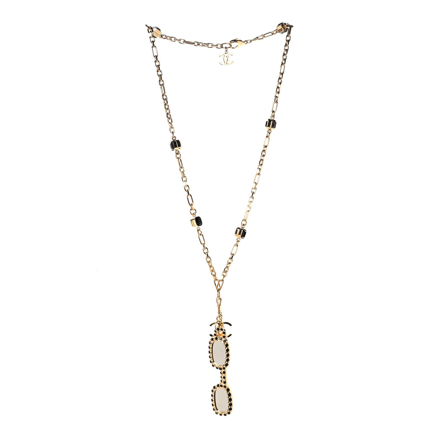Chanel Metal Crystal CC Sunglasses Long Necklace Gold Black 3 of 5