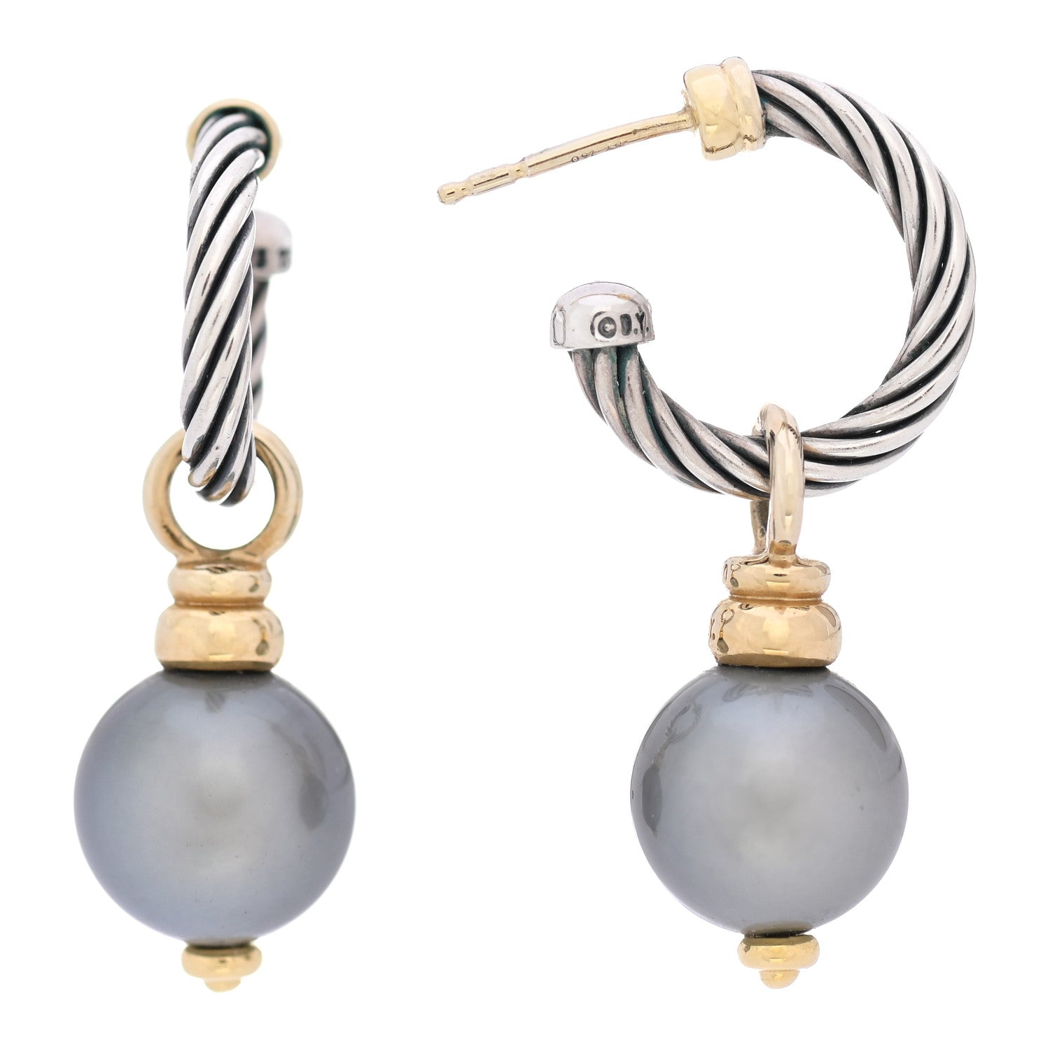 David Yurman Sterling Silver 18K Yellow Gold Gray Pearl 11mm Cable Drop Earrings 1 of 7