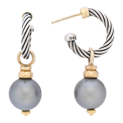 David Yurman Sterling Silver 18K Yellow Gold Gray Pearl 11mm Cable Drop Earrings 1 of 7