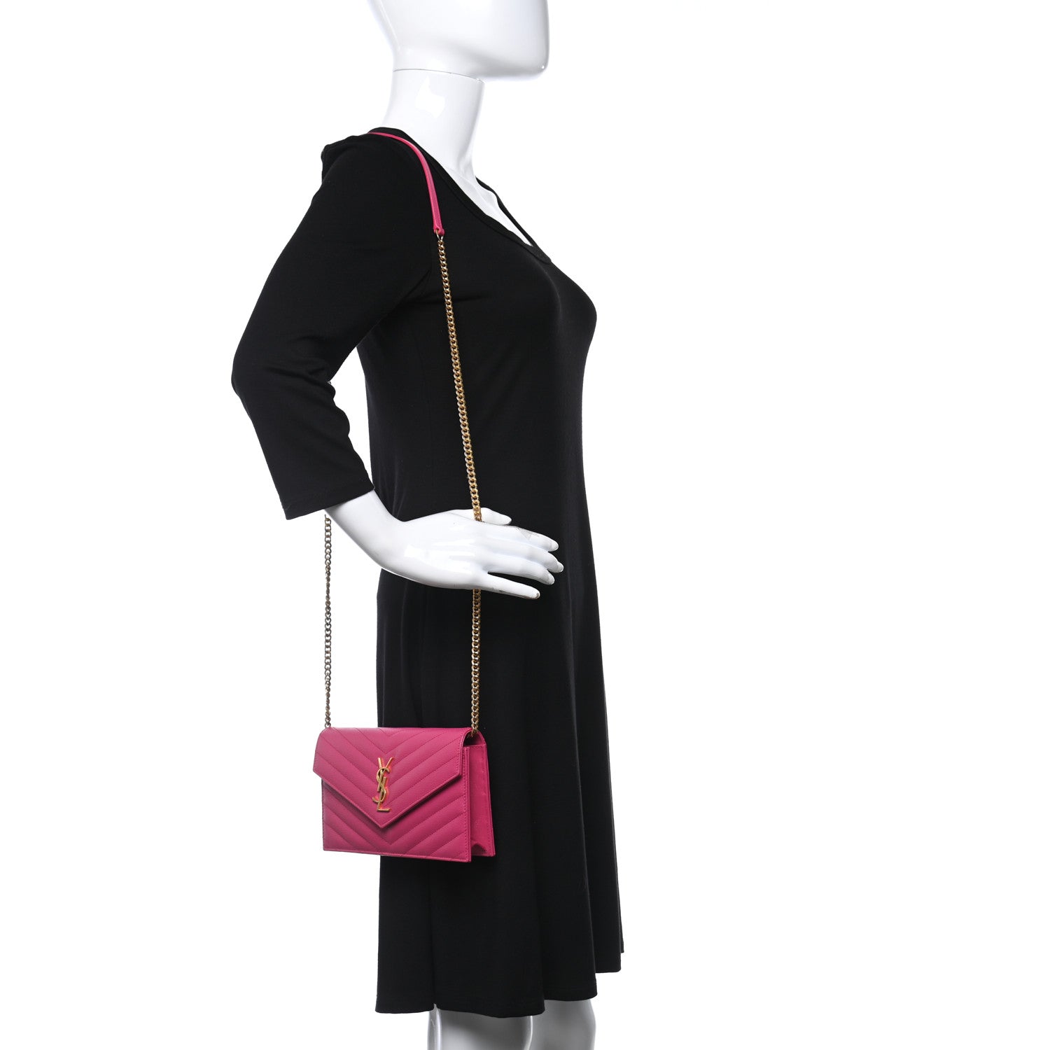 Saint Laurent Grain De Poudre Matelasse Chevron Monogram Envelope Chain Wallet Fresh Fuchsia 2 of 9