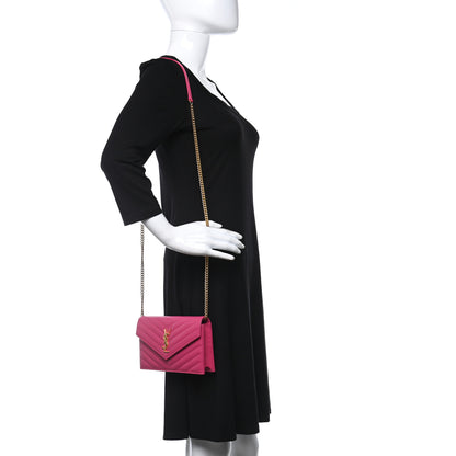 Saint Laurent Grain De Poudre Matelasse Chevron Monogram Envelope Chain Wallet Fresh Fuchsia 2 of 9
