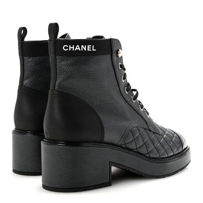 Chanel Pearly Calfskin Patent Calfskin Lace Up Combat Boots 41 Black 5 of 9