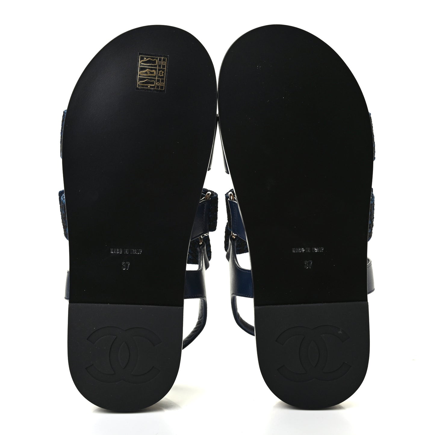 Stretch Fabric Lambskin CC Flat Sandals 37 Navy Blue Black