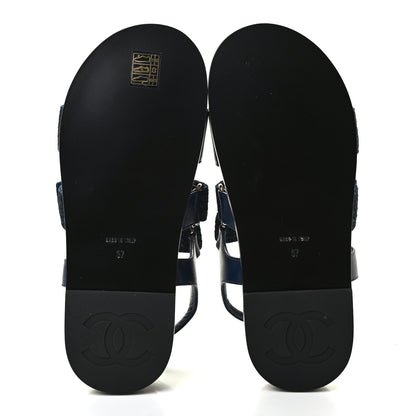 Chanel Stretch Fabric Lambskin CC Flat Sandals 37 Navy Blue Black 5 of 8