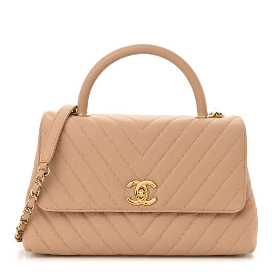 Caviar Chevron Quilted Small Coco Handle Flap Beige