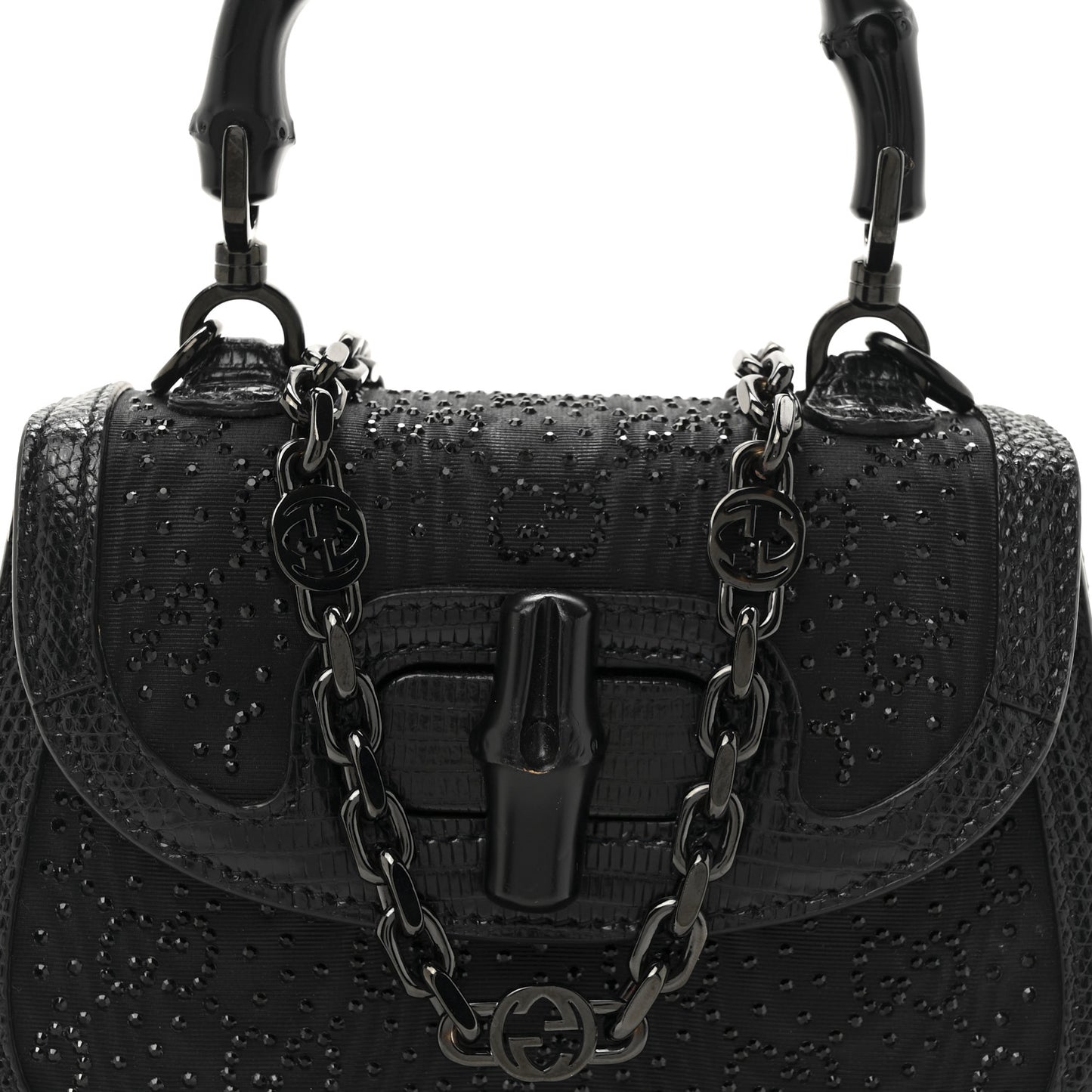 Moire Fabric Calfskin Rhinestone Monogram Monochrome Lizard Embossed Mini Bamboo 1947 Top Handle Chain Bag Black