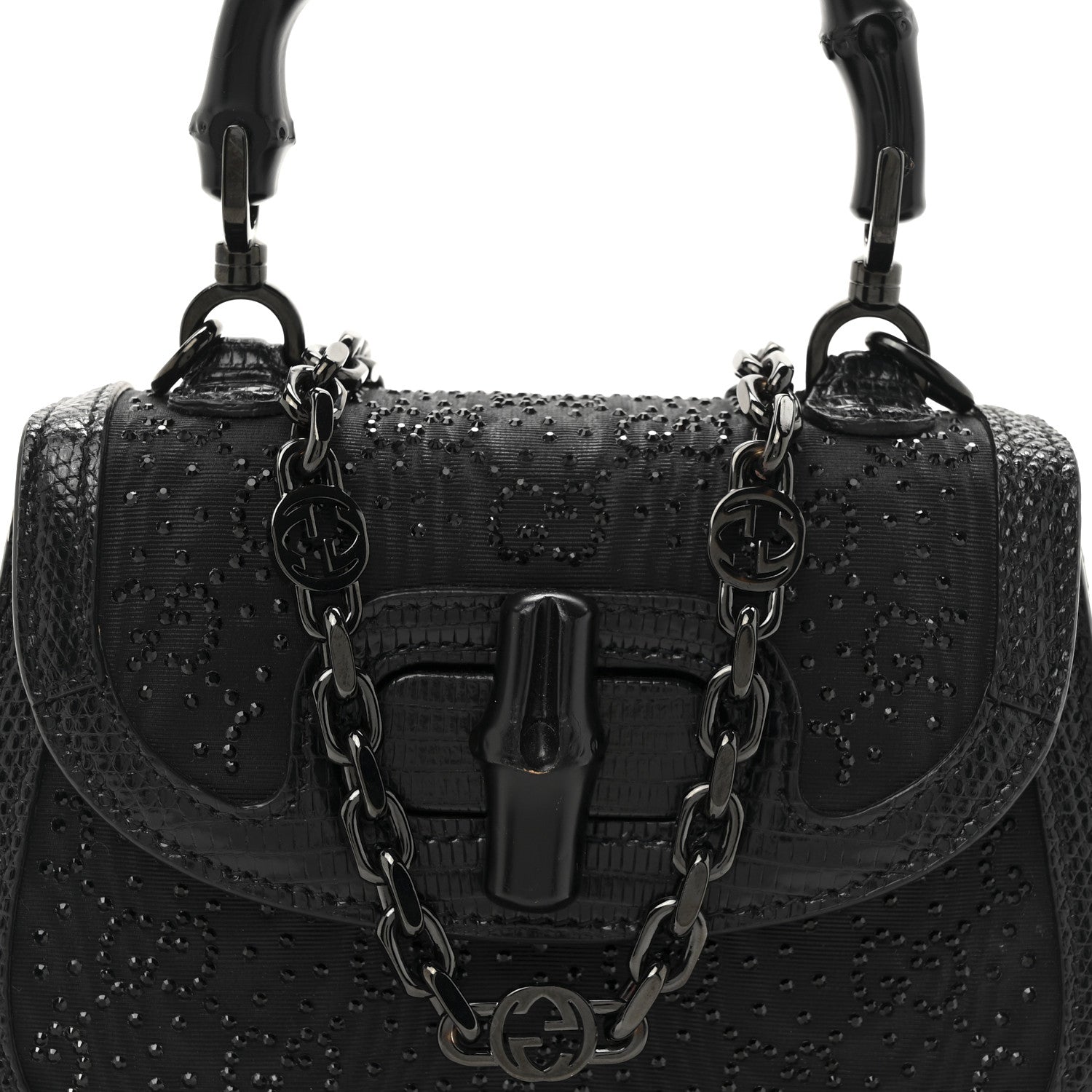 Gucci Moire Fabric Calfskin Rhinestone Monogram Monochrome Lizard Embossed Mini Bamboo 1947 Top Handle Chain Bag Black 8 of 10