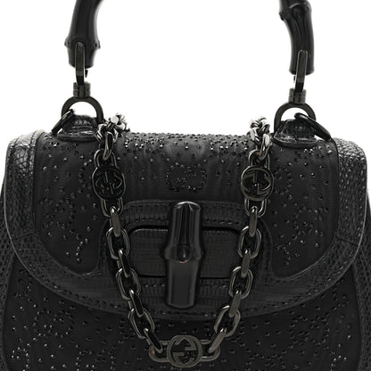 Gucci Moire Fabric Calfskin Rhinestone Monogram Monochrome Lizard Embossed Mini Bamboo 1947 Top Handle Chain Bag Black 8 of 10