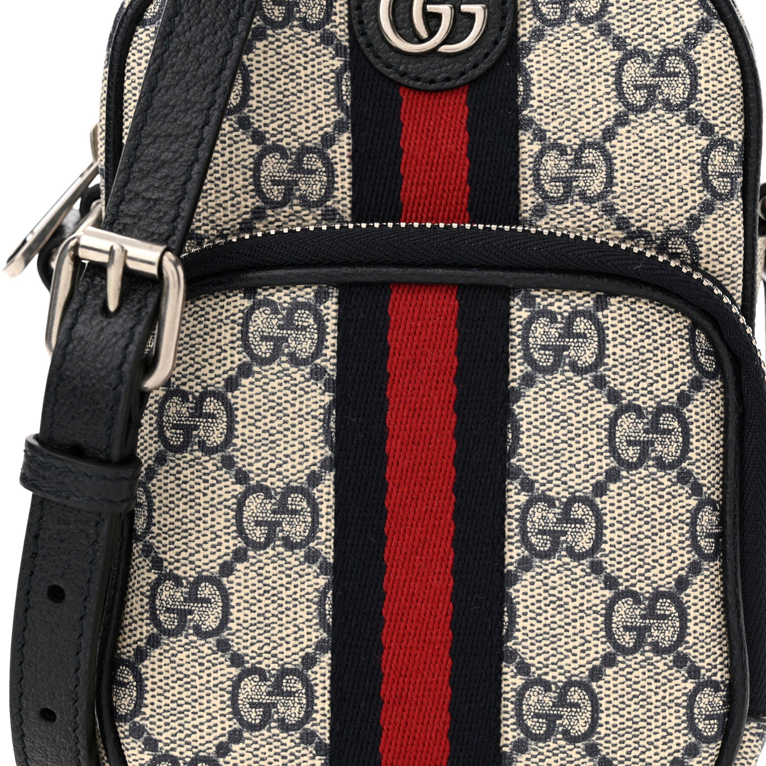 Gucci GG Supreme Monogram Textured Dollar Calfskin Web Mini Ophidia Double Zip Messenger Bag Beige Blue 8 of 11