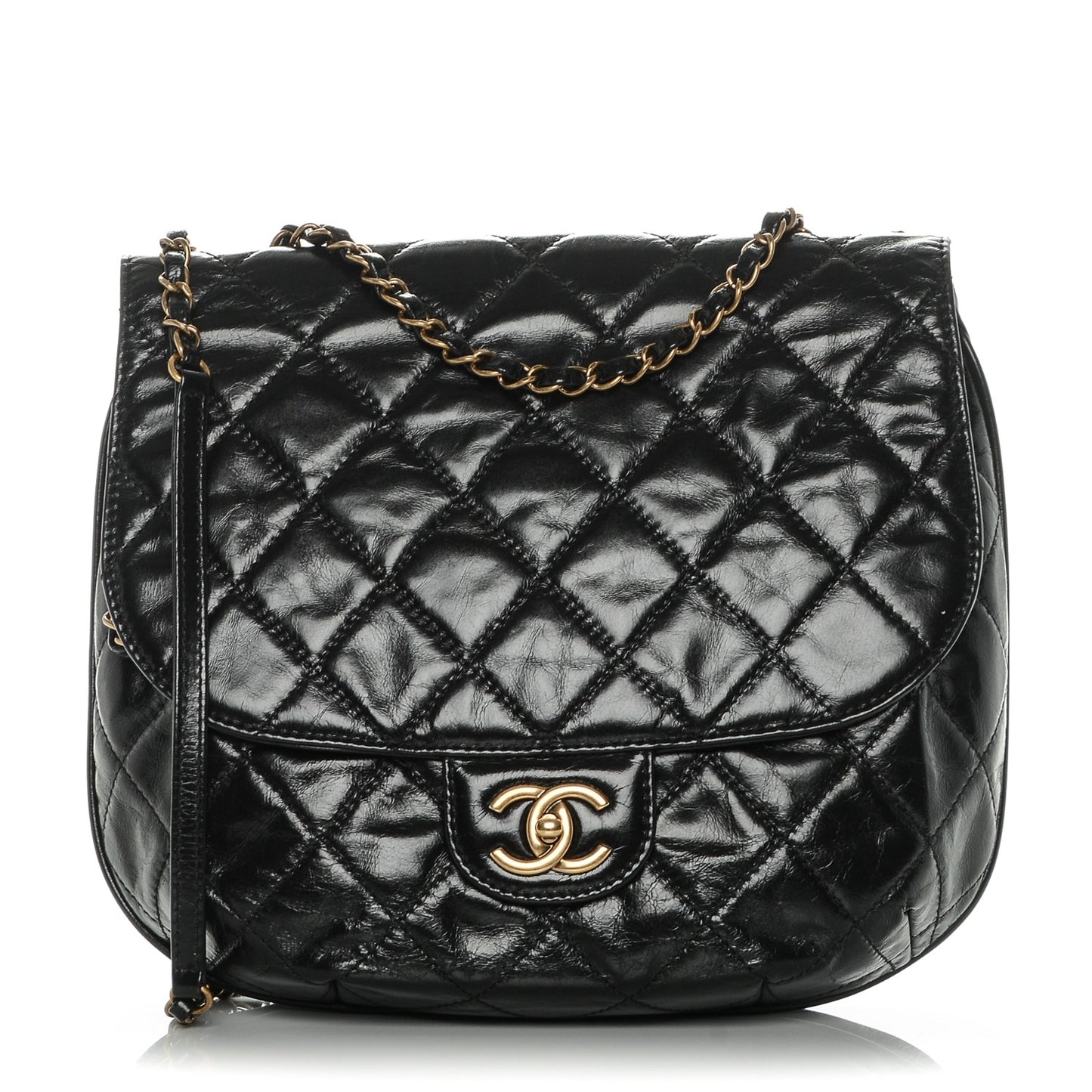 Aged Glazed Calfskin Quilted Large Bubble CC Flap Black