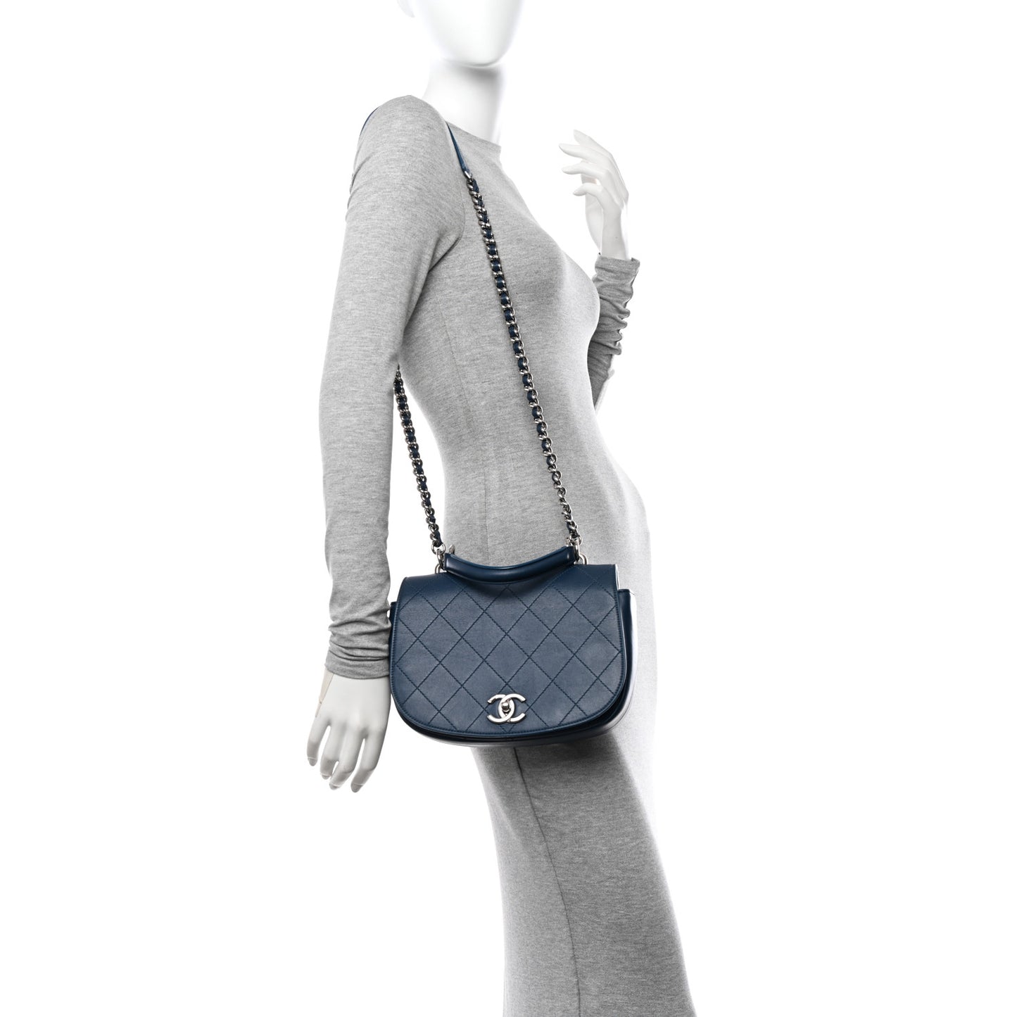 Calfskin Stitched Ring My Bag Flap Crossbody Navy