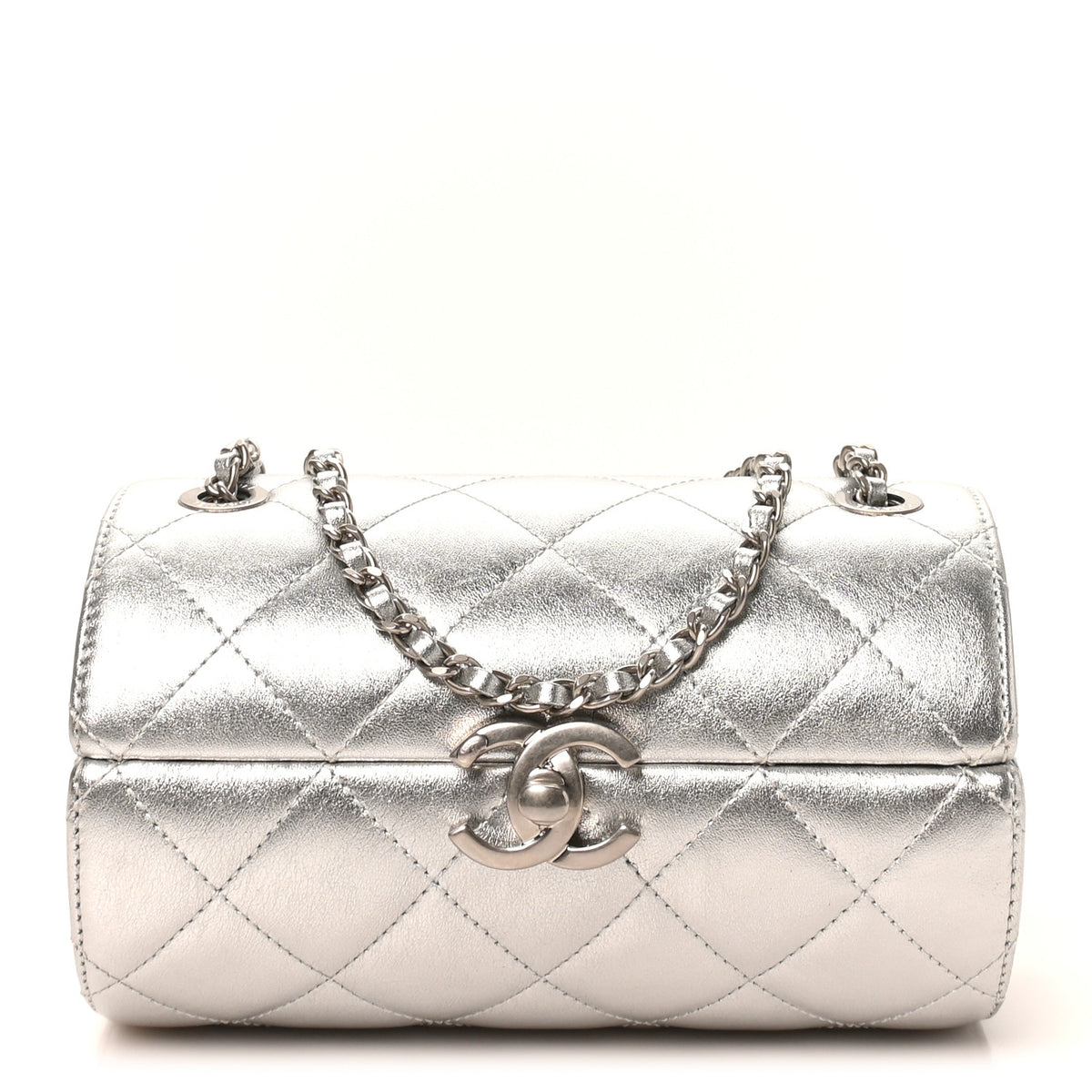 Metallic Lambskin Quilted Barrel Crossbody Bag Silver