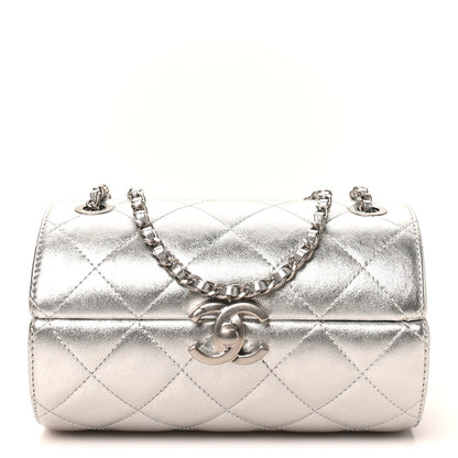 Chanel Metallic Lambskin Quilted Barrel Crossbody Bag Silver 1 of 10
