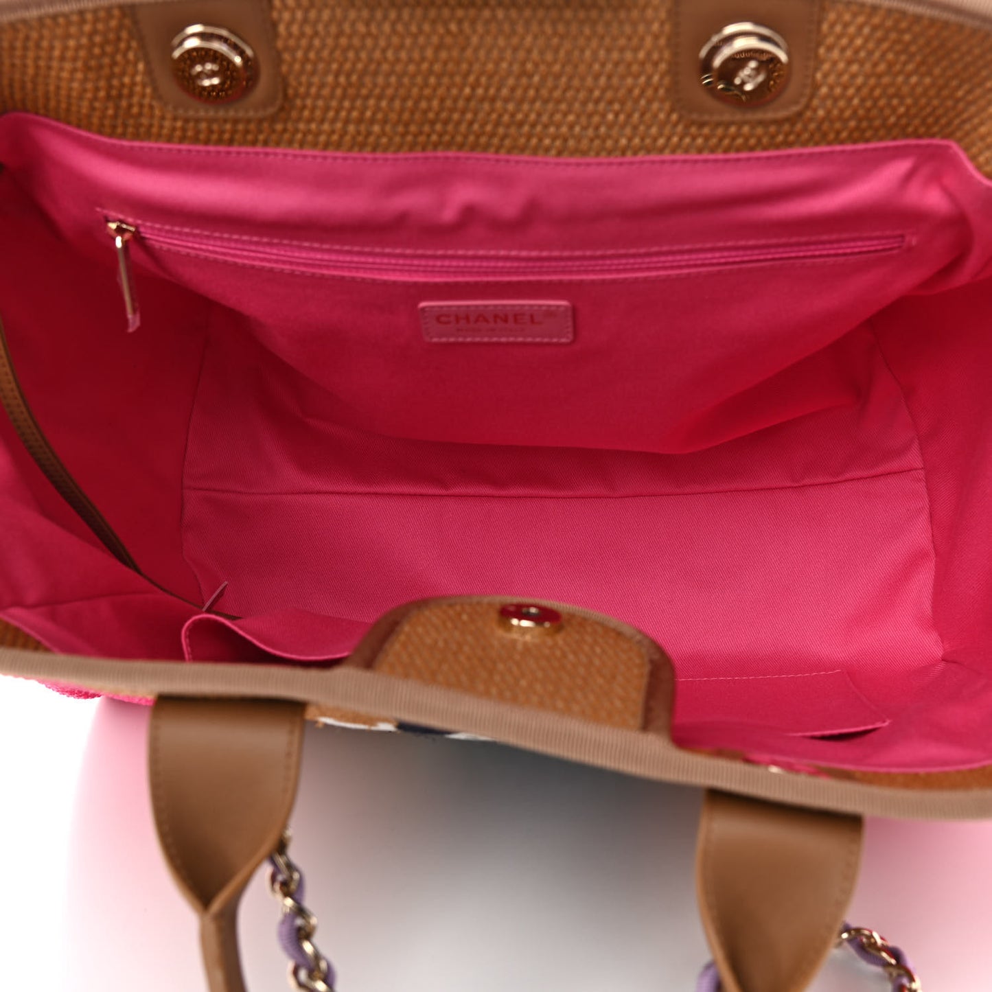 Straw Raffia Calfskin Striped Medium Deauville Tote Dark Beige Fuchsia Navy Blue