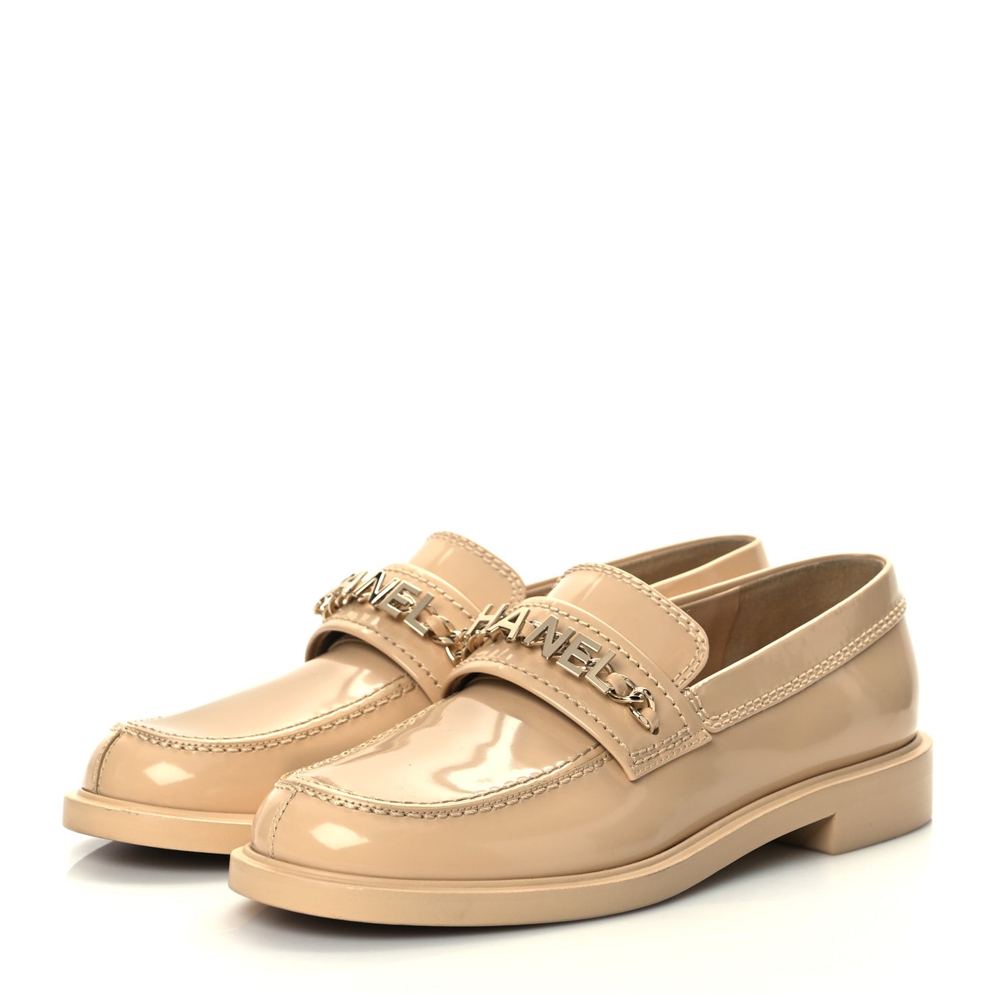 Shiny Calfskin Logo Loafers 37.5 Beige
