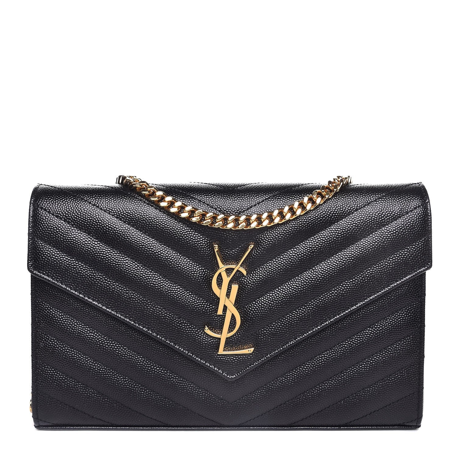 Saint Laurent Grain De Poudre Matelasse Chevron Monogram Chain Wallet Black 1 of 8