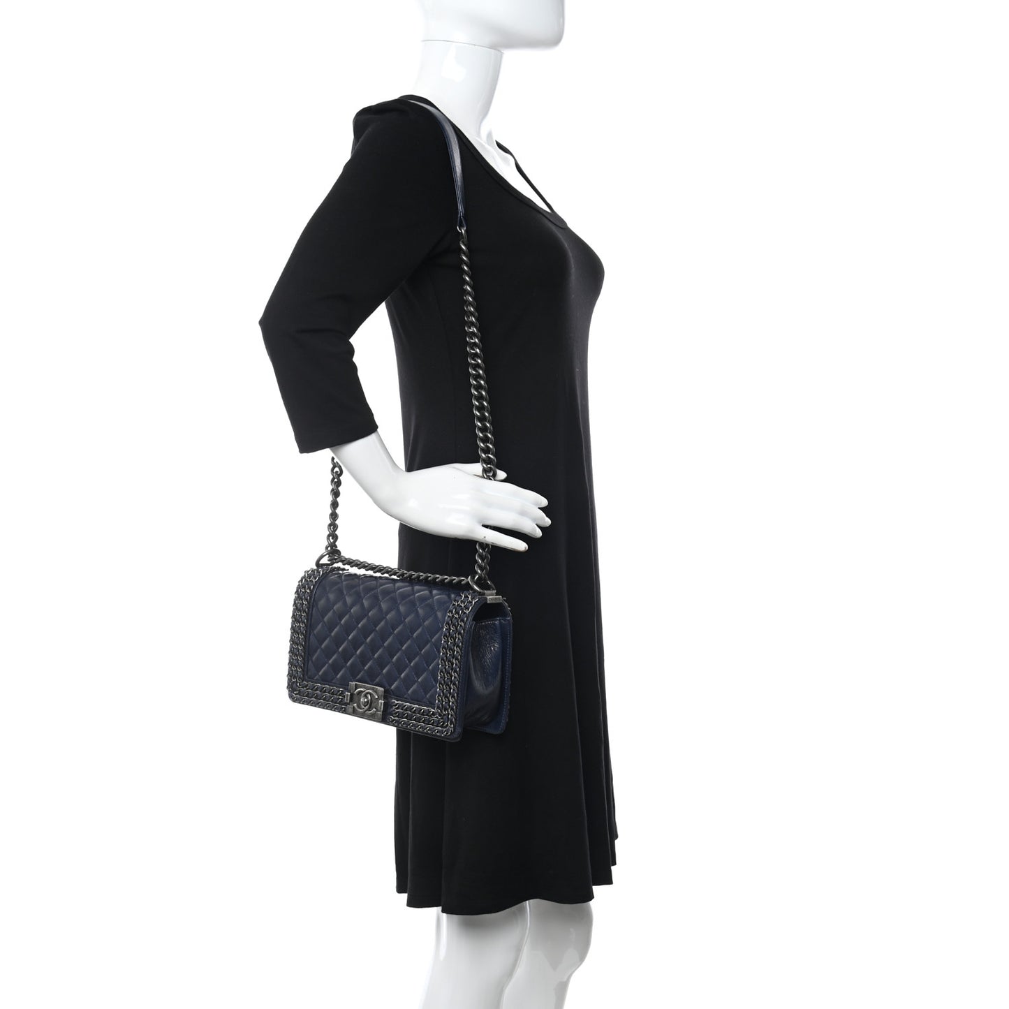 Glazed Calfskin Quilted Medium Boy Chained Flap Blue