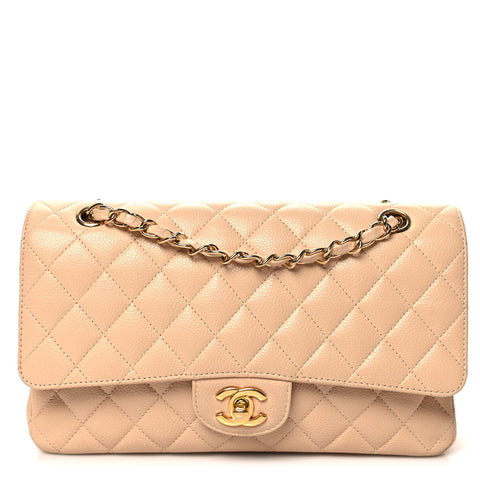 Caviar Quilted Medium Double Flap Beige