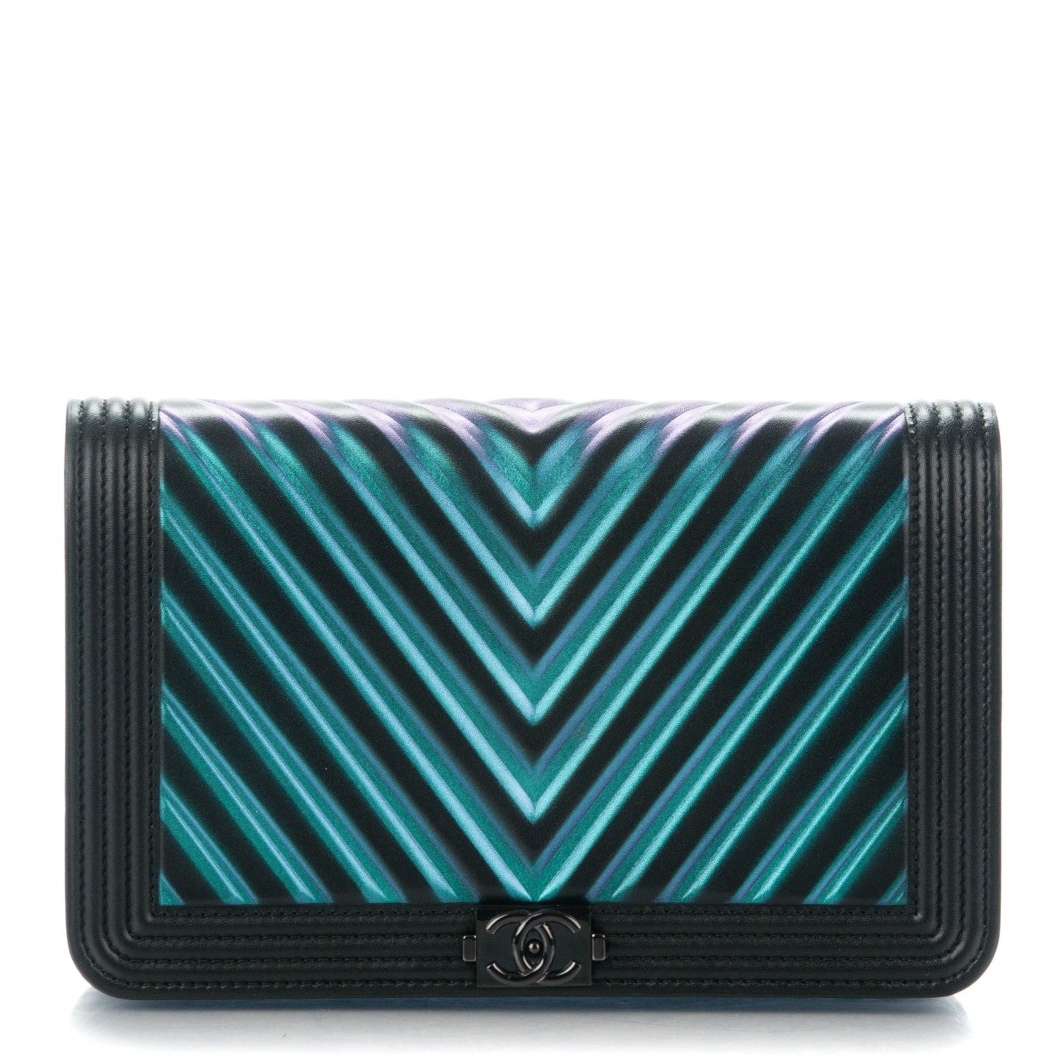 Chanel Calfskin Painted Chevron Embossed Boy Wallet On Chain WOC Black 1 of 9