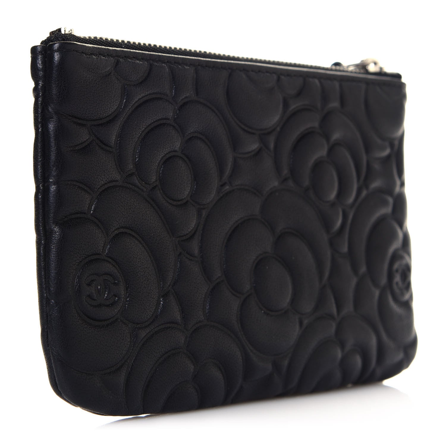 Chanel Goatskin Camellia Embossed Cosmetic Pouch Black 3 of 12