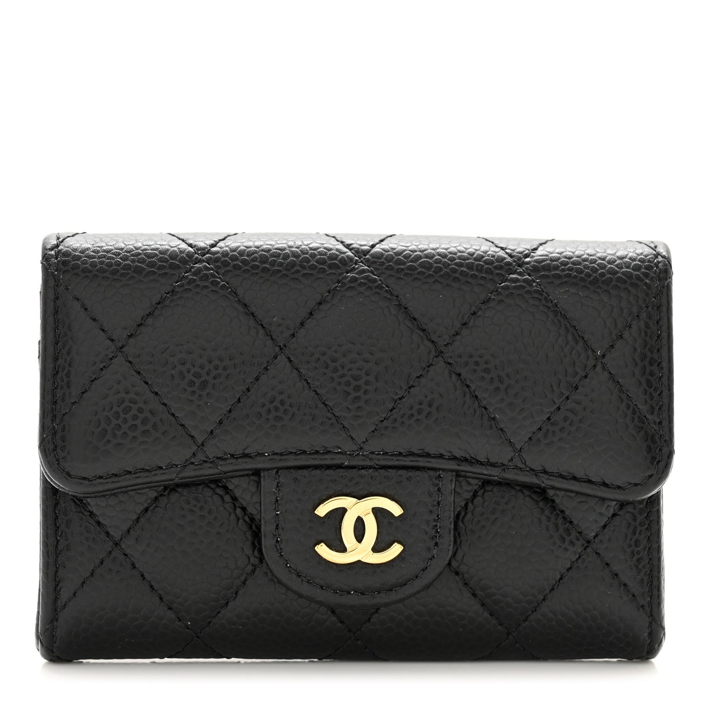 Caviar Quilted Flap Card Holder Wallet Black