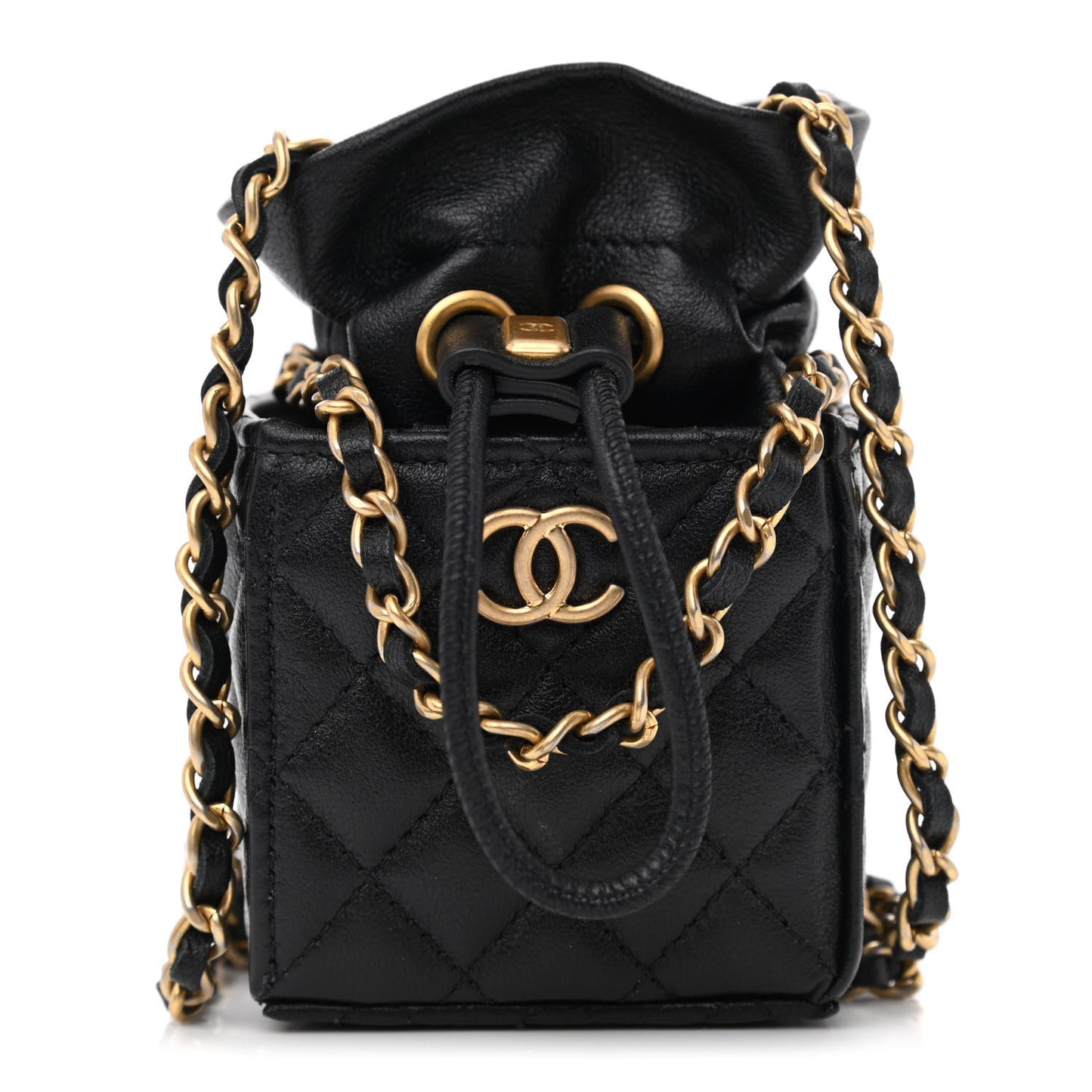 Calfskin Quilted Mini Drawstring Bucket Bag Black