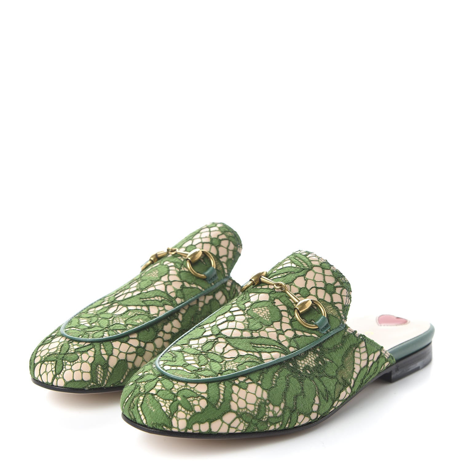 Gucci Lace Malaga Kid Womens Princetown Slippers 36 Green Grass Skin Rose 3 of 9
